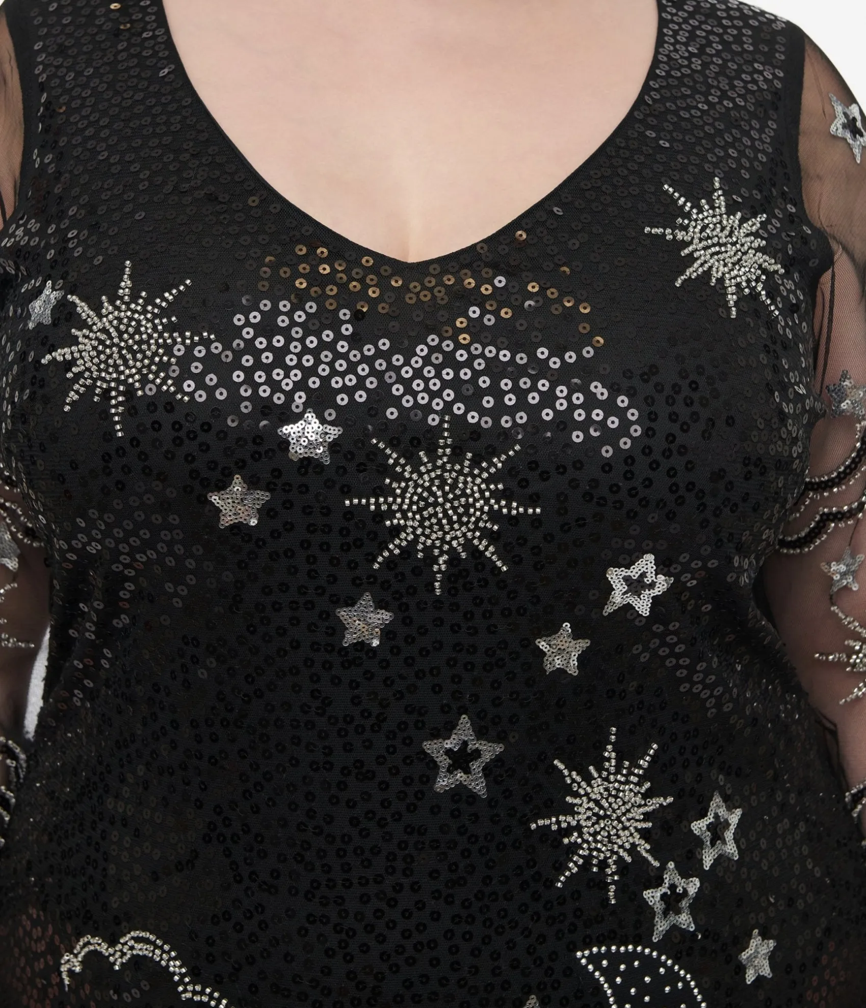 Unique Vintage Plus Size 1920s Black & Silver Moon & Stars Sequin Margaux Flapper Dress Hot
