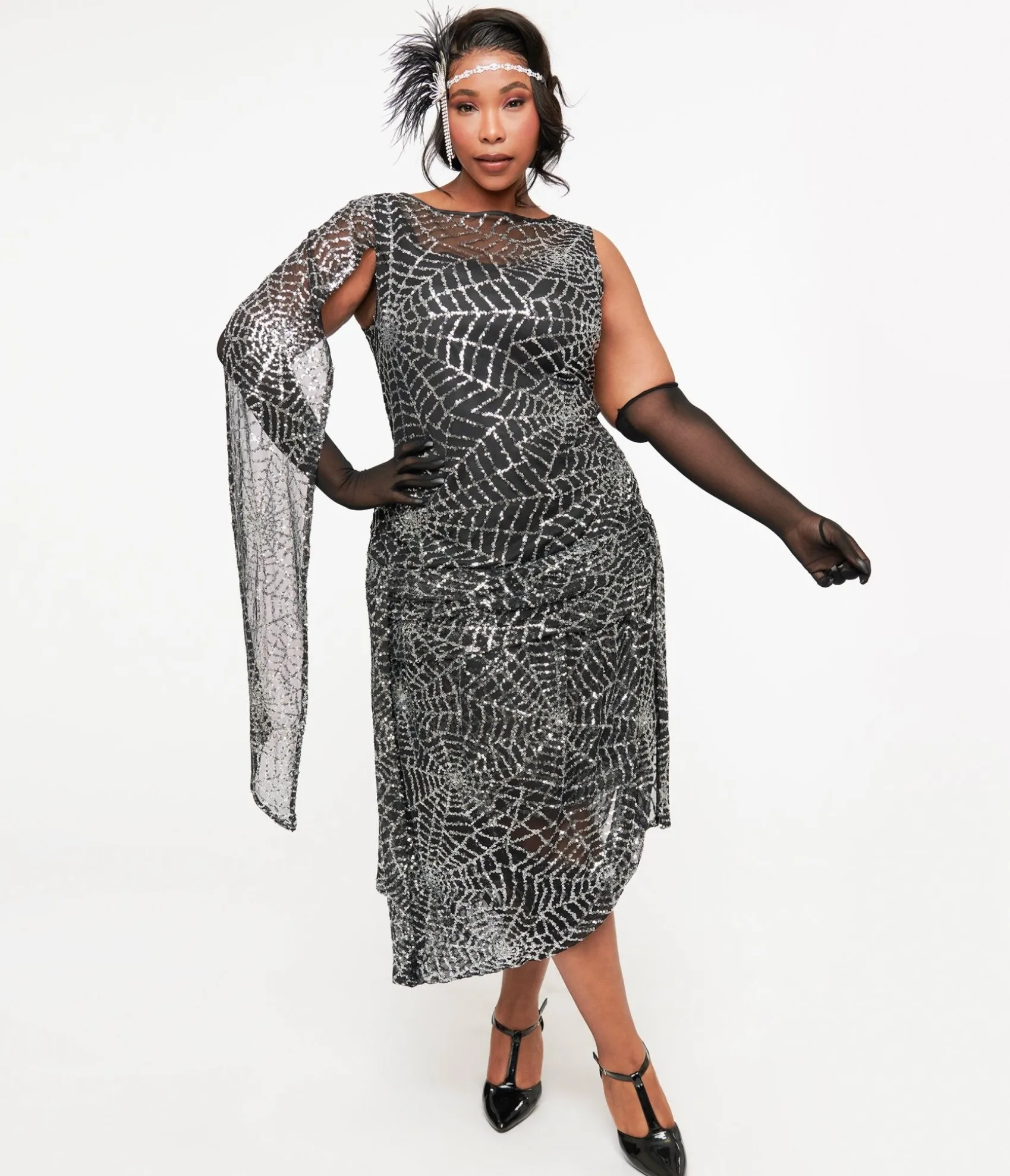 Unique Vintage Plus Size 1920s Black & Silver Sequin Spider Web Draped Flapper Dress Sale