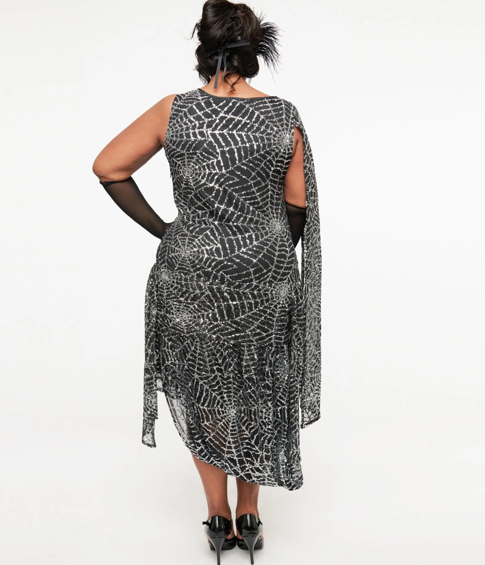 Unique Vintage Plus Size 1920s Black & Silver Sequin Spider Web Draped Flapper Dress Sale