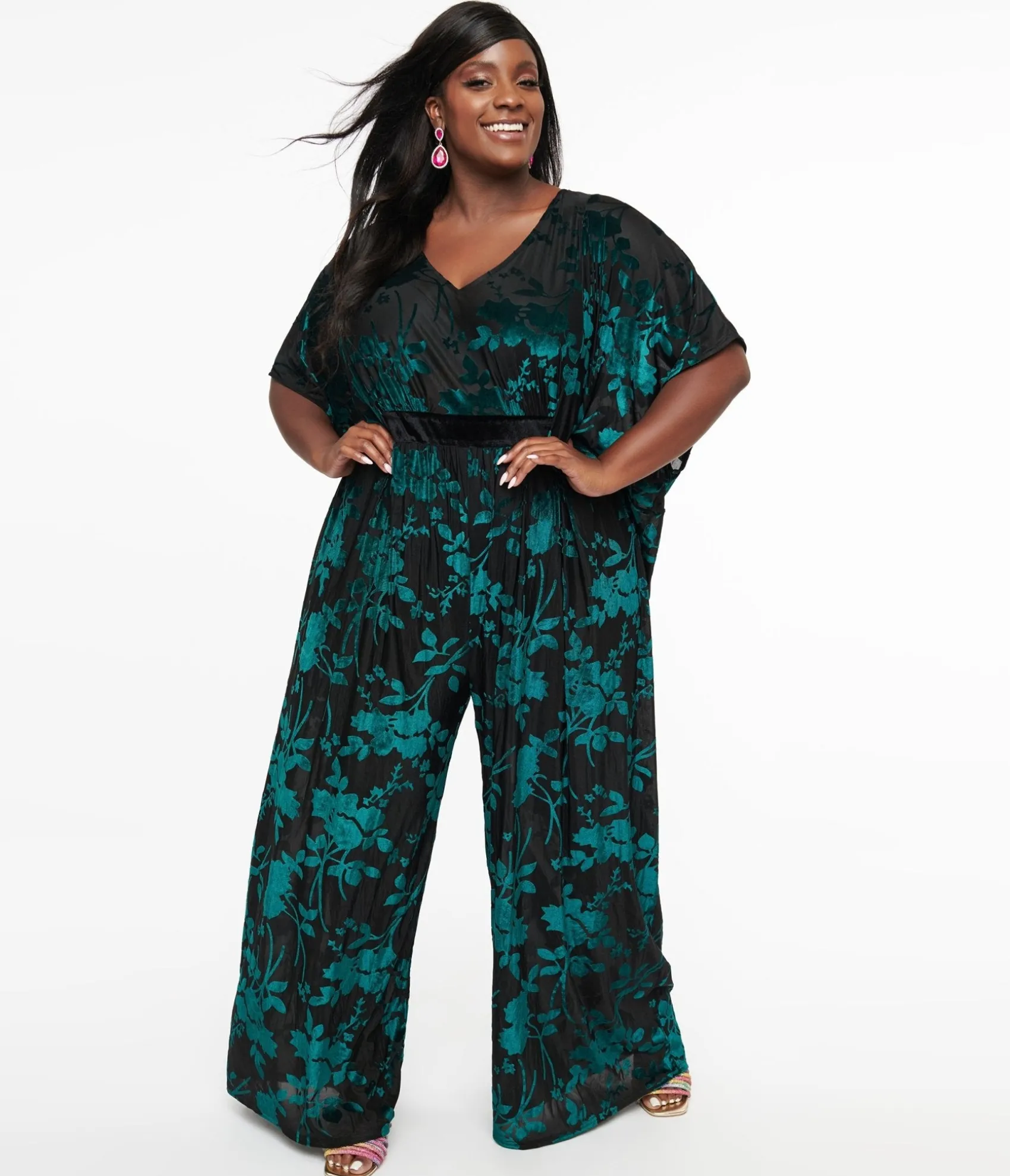 Unique Vintage Plus Size 1970s Black & Teal Velvet Floral Burnout Caftan Jumpsuit Fashion
