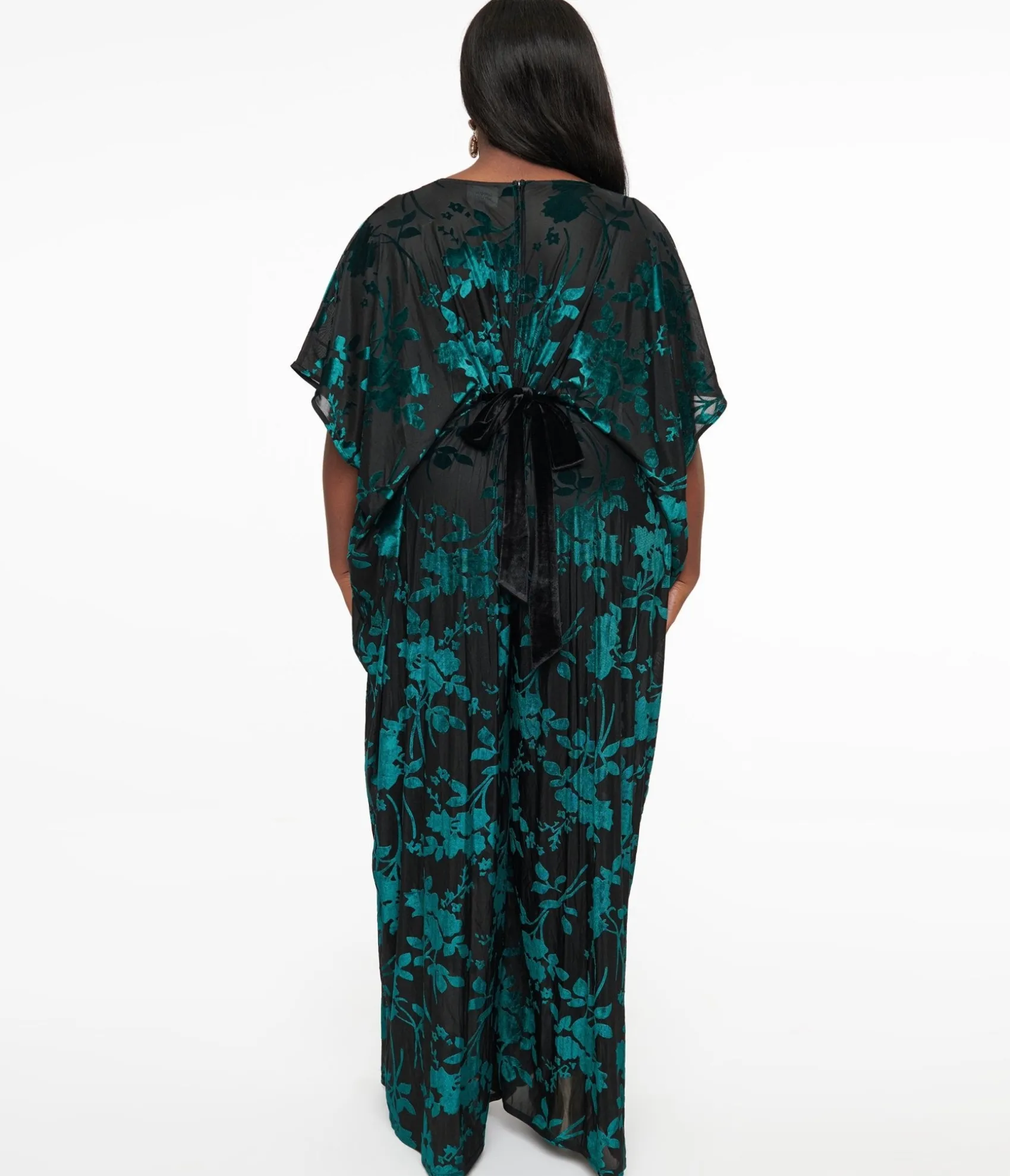 Unique Vintage Plus Size 1970s Black & Teal Velvet Floral Burnout Caftan Jumpsuit Fashion