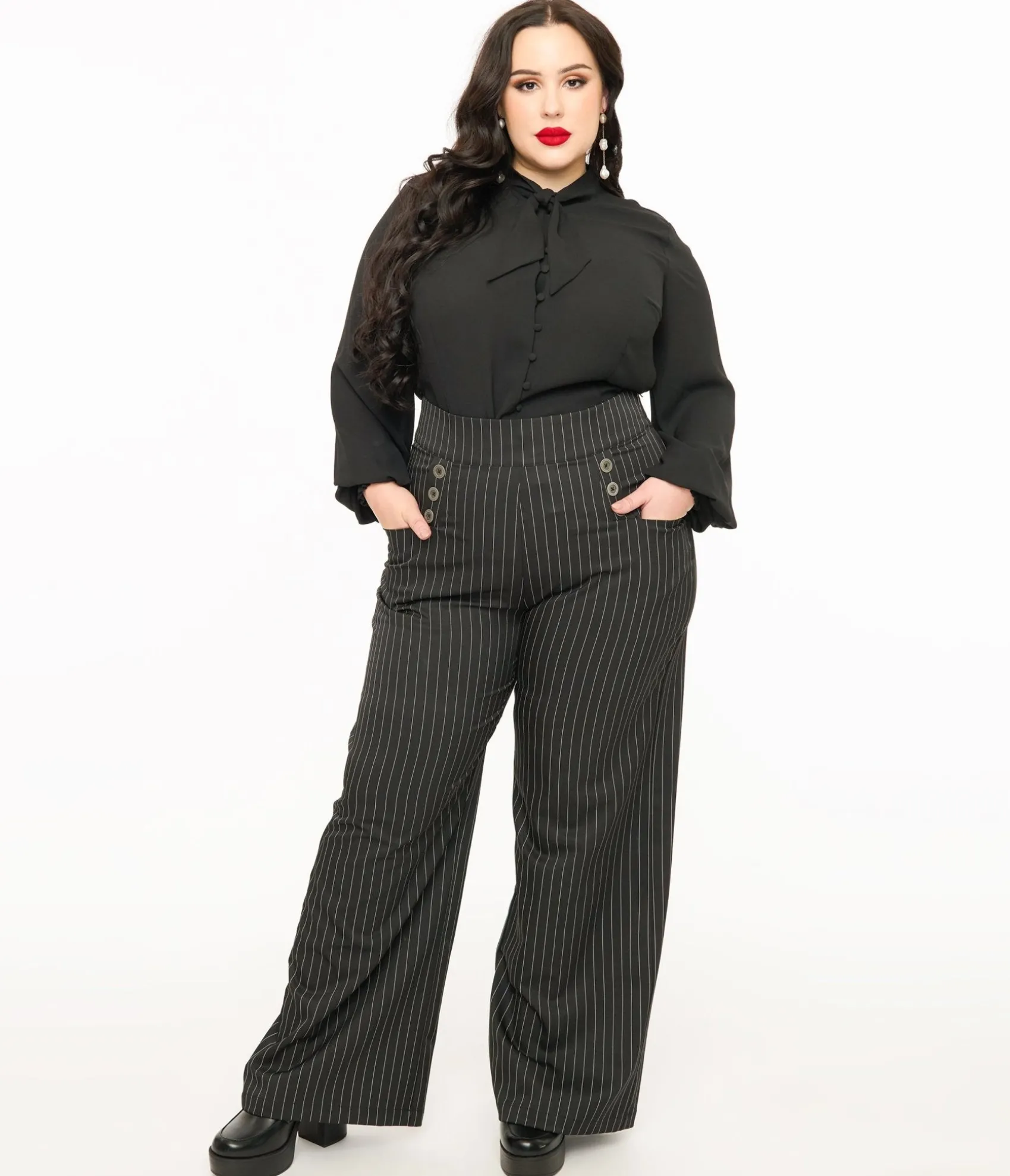 Unique Vintage Plus Size 1940s Black & White Pin Stripe High Waist Sailor Ginger Pants Sale