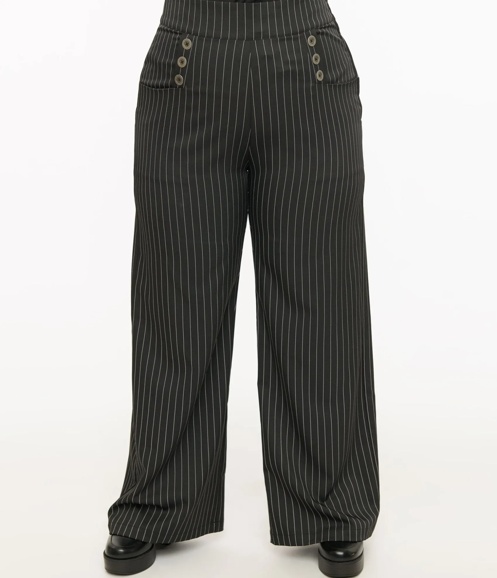 Unique Vintage Plus Size 1940s Black & White Pin Stripe High Waist Sailor Ginger Pants Sale