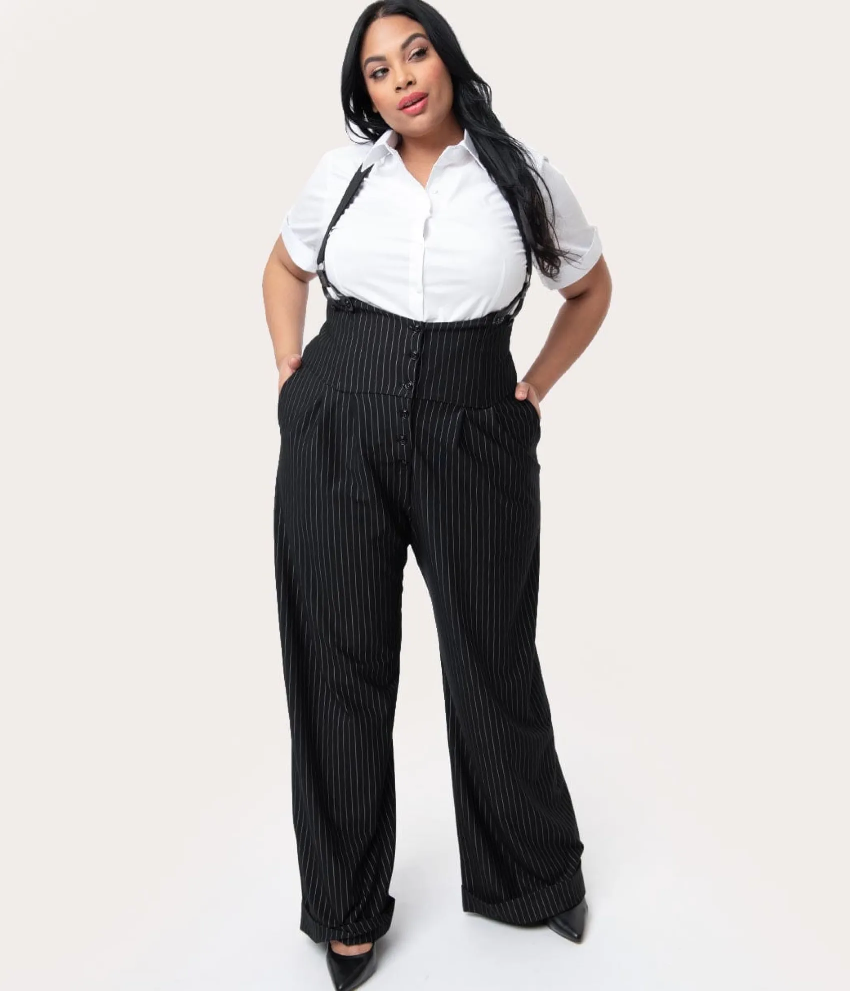 Unique Vintage Plus Size 1930s Black & White Pin Stripe Thelma Suspender Pants Flash Sale