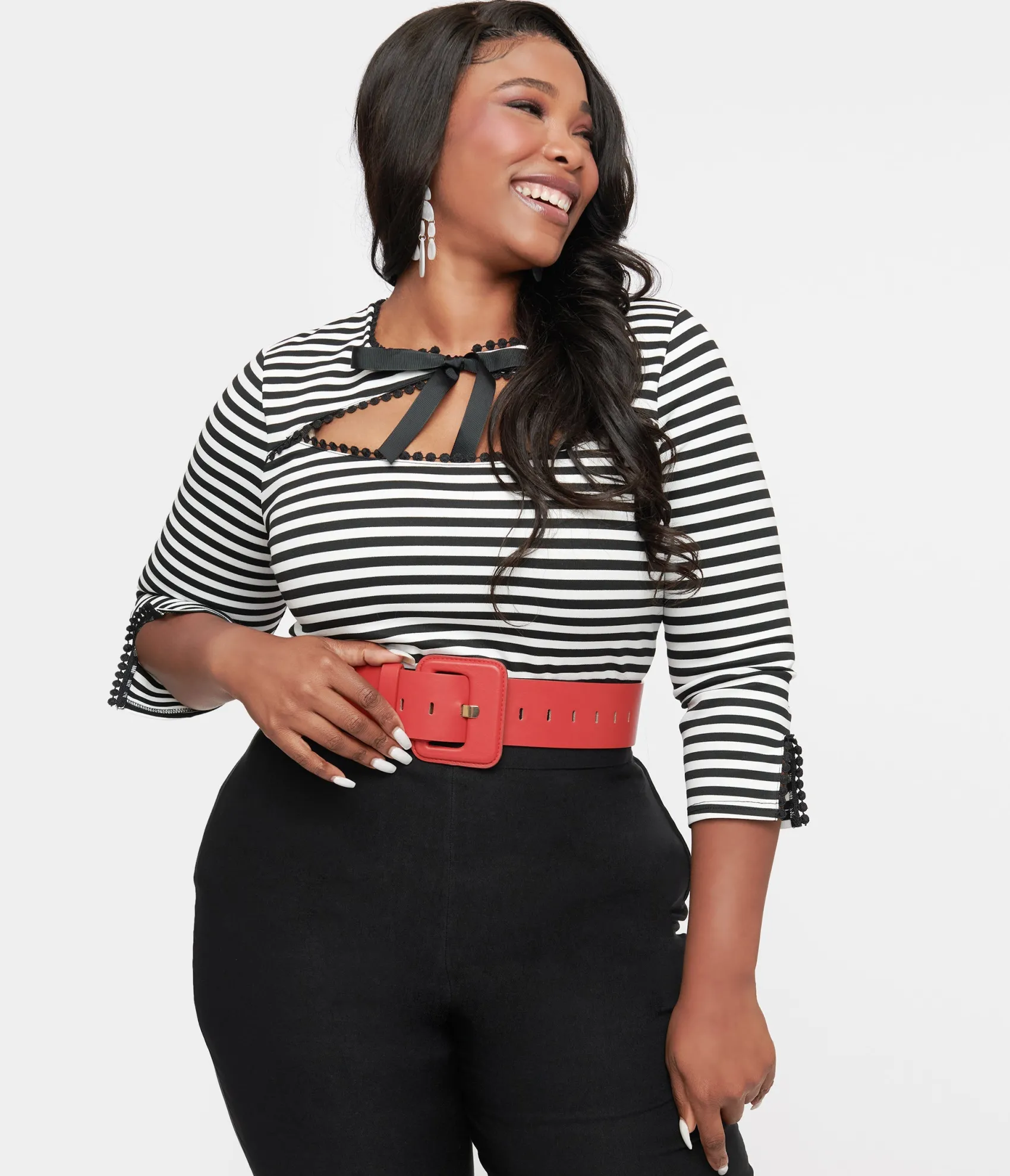 Unique Vintage Plus Size 1950s Black & White Stripe Cutout Neck Tie Top Hot