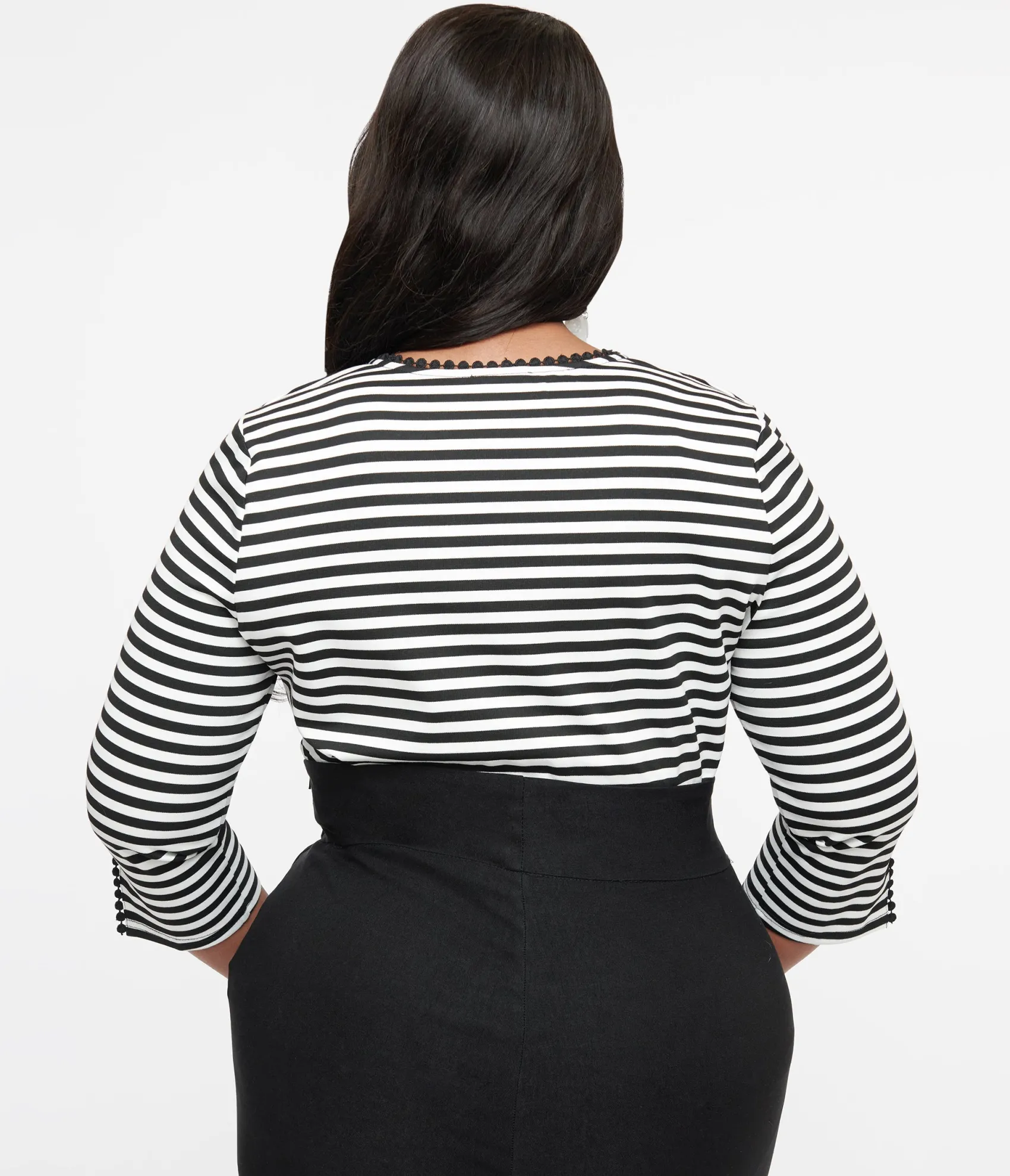 Unique Vintage Plus Size 1950s Black & White Stripe Cutout Neck Tie Top Hot
