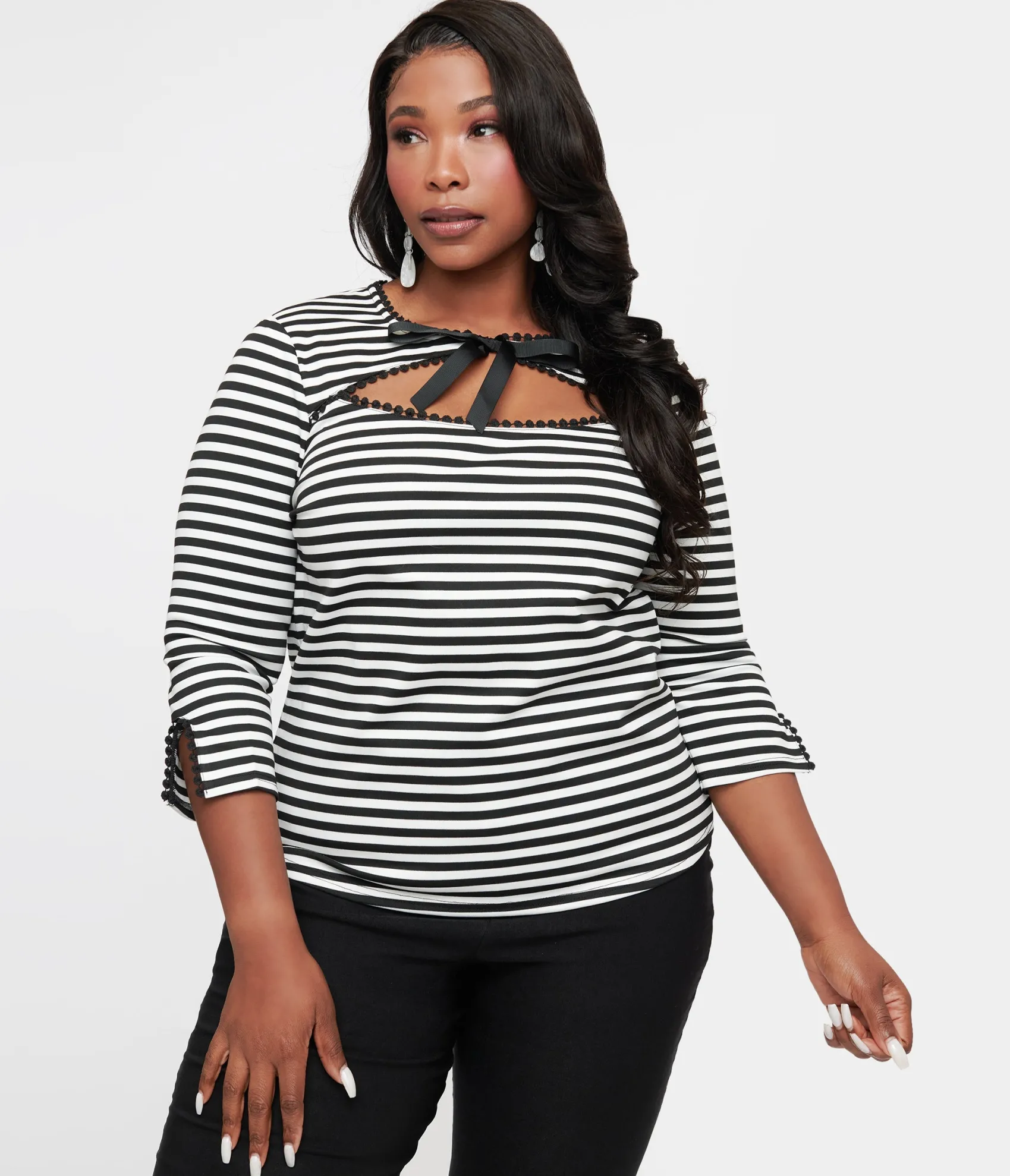 Unique Vintage Plus Size 1950s Black & White Stripe Cutout Neck Tie Top Hot