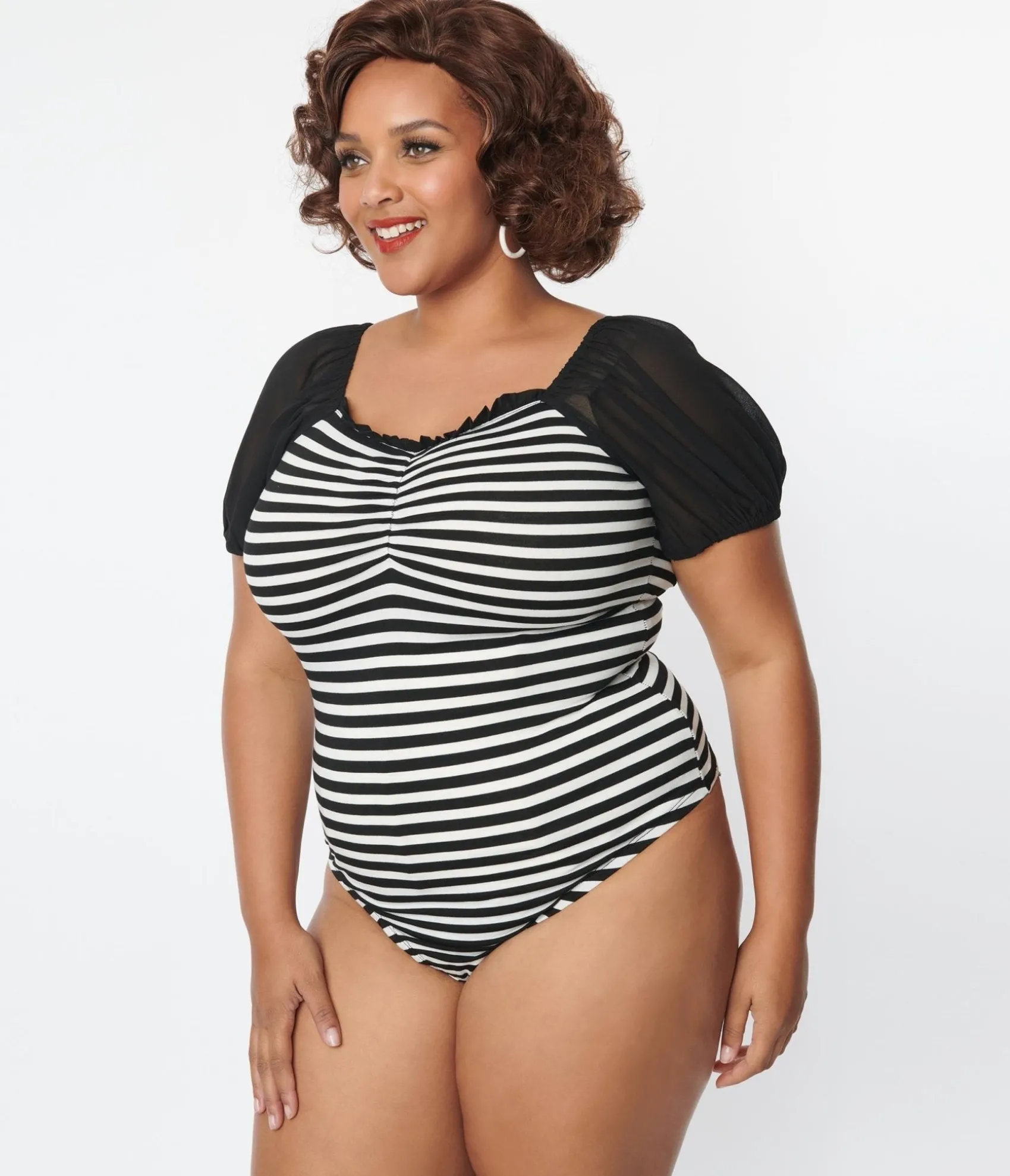 Unique Vintage Plus Size 1940s Black & White Striped Short Sleeve Bodysuit Store