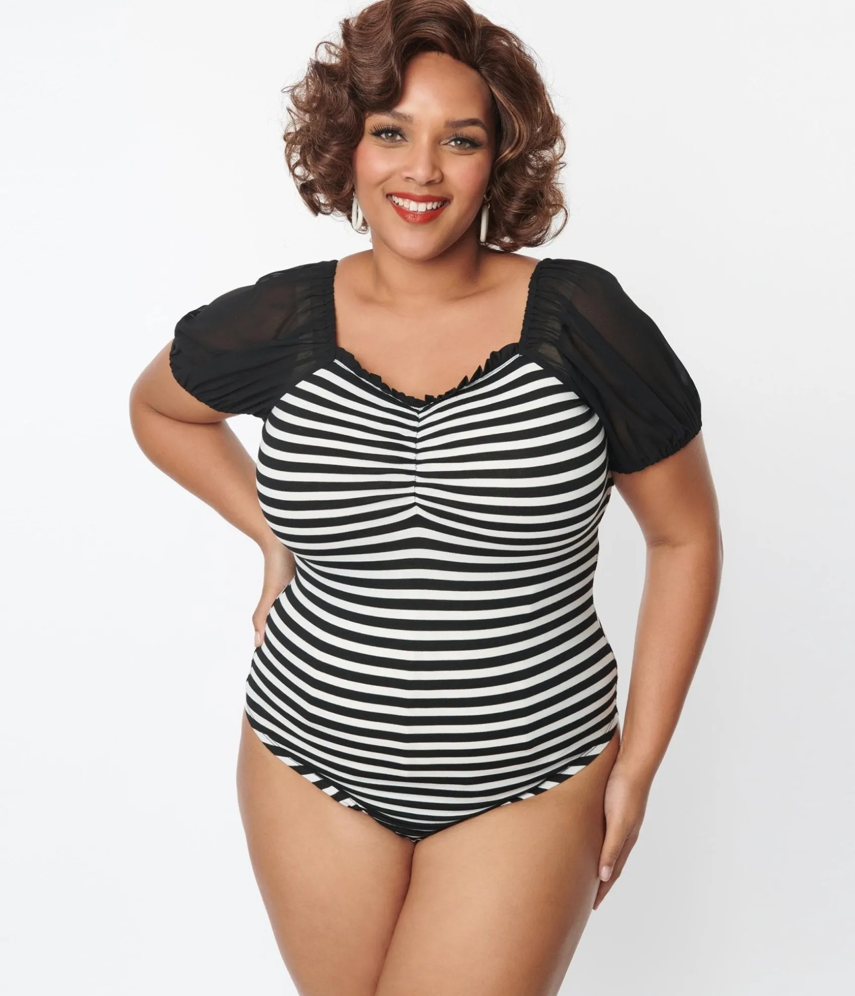 Unique Vintage Plus Size 1940s Black & White Striped Short Sleeve Bodysuit Store