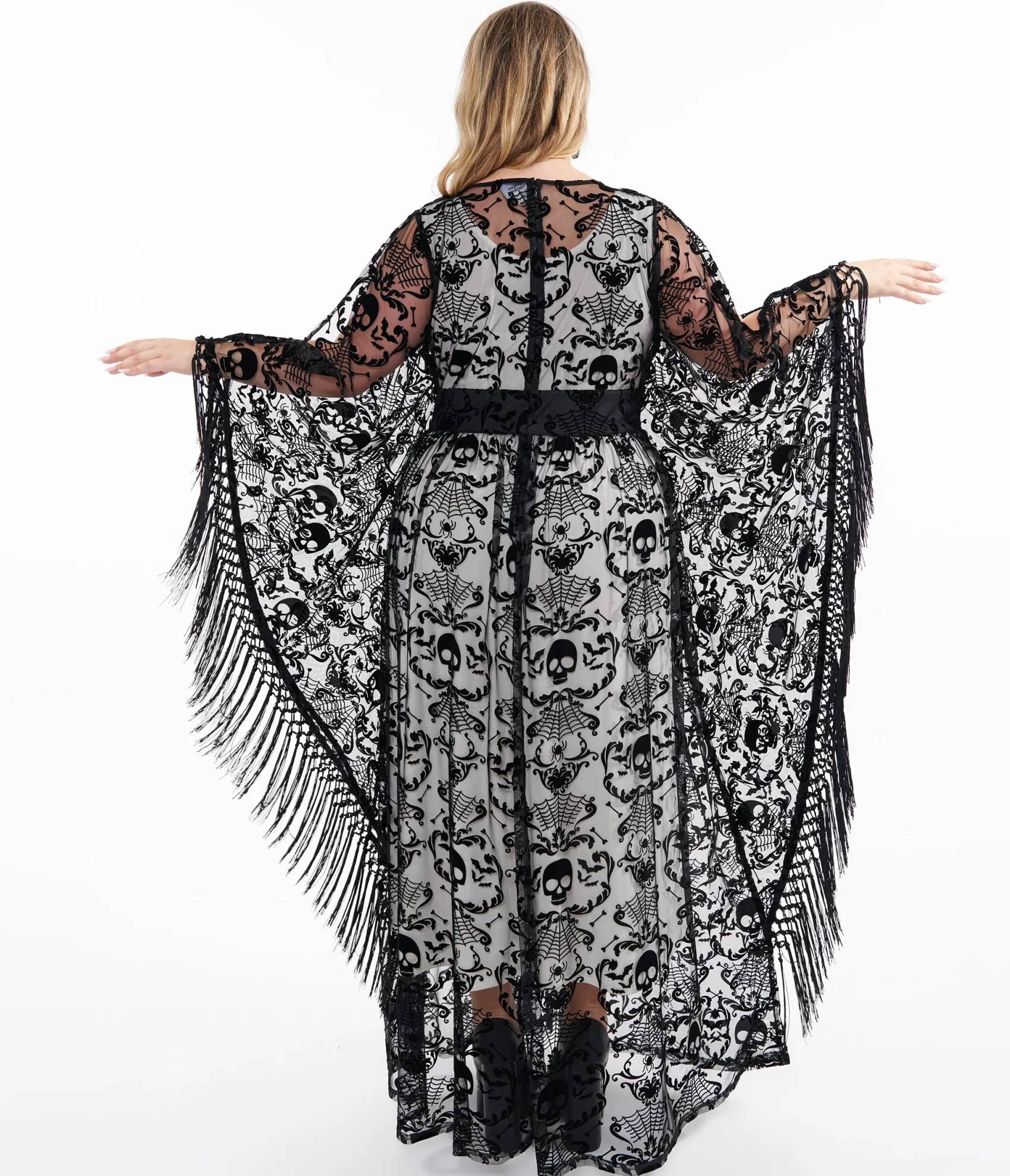 Unique Vintage Plus Size 1960s Black Baroque Skull Burnout Fringe Flutter Sleeve Caftan Clearance