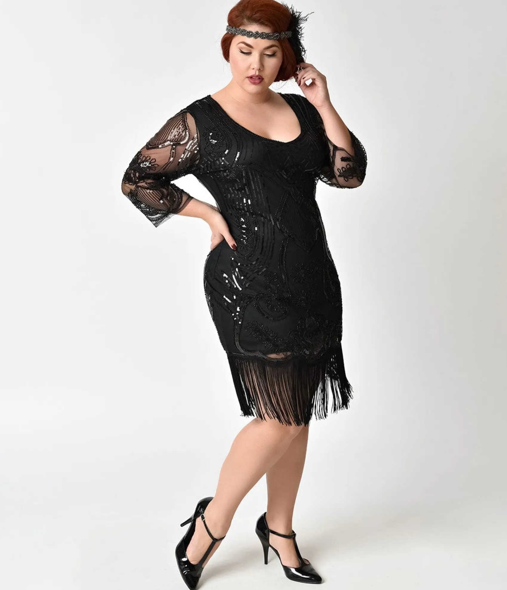 Unique Vintage Plus Size 1920s Black Beaded & Sequin Margaux Sleeved Fringe Flapper Dress Online