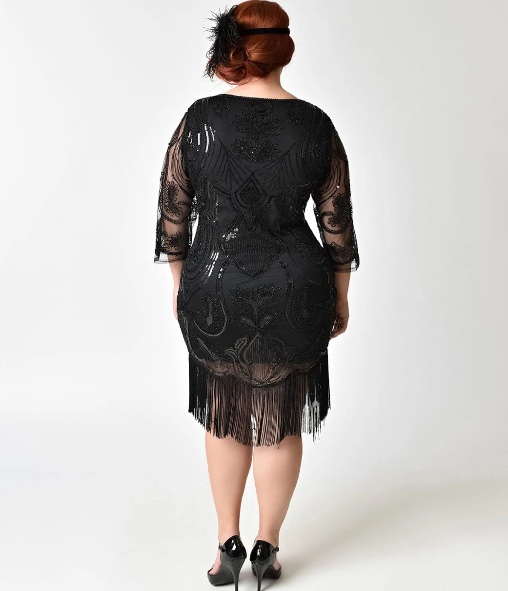Unique Vintage Plus Size 1920s Black Beaded & Sequin Margaux Sleeved Fringe Flapper Dress Online