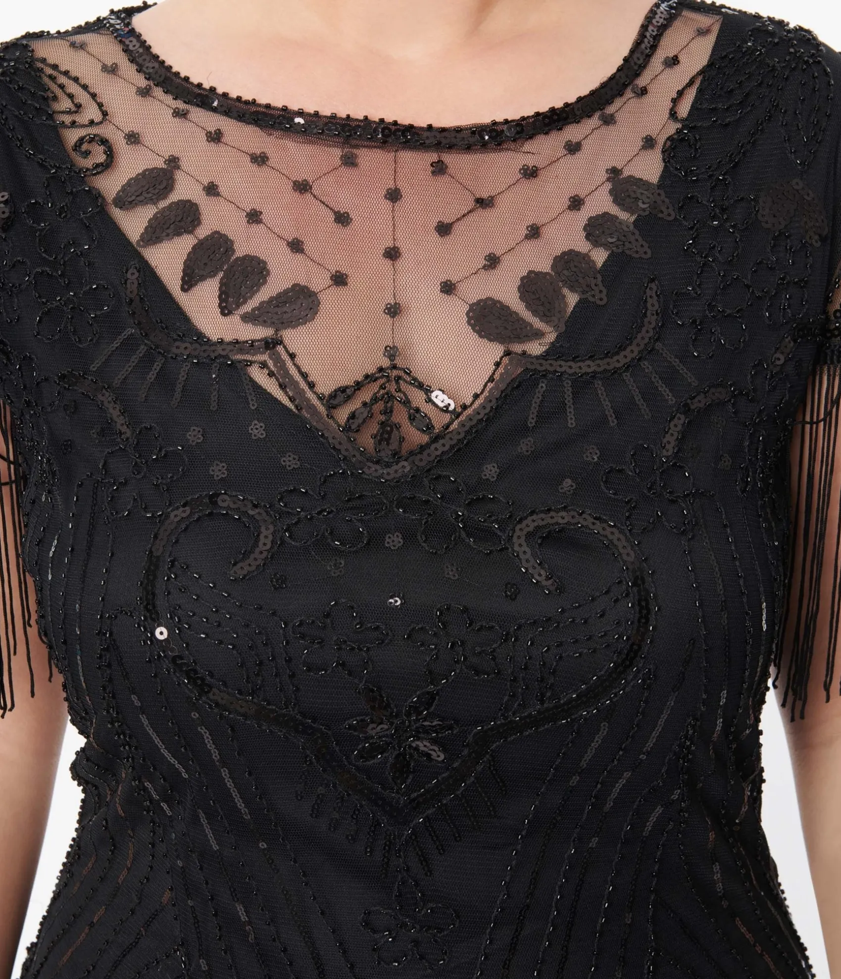 Unique Vintage Plus Size 1920s Black Beaded Fringe Sleeve Nadine Flapper Dress Hot