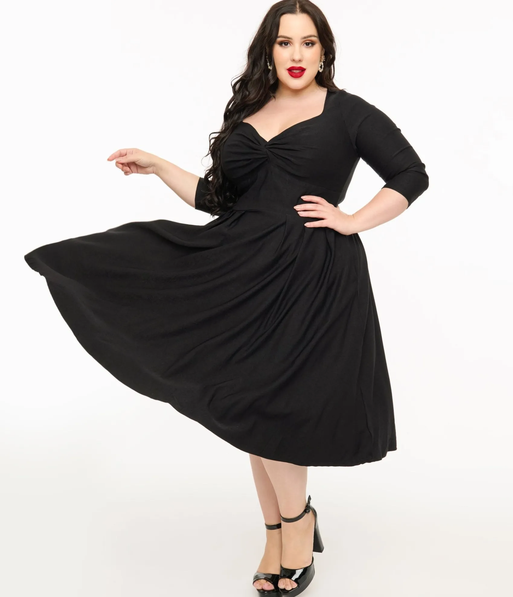 Unique Vintage Plus Size 1950s Black Bengaline Front Twist Swing Dress Shop