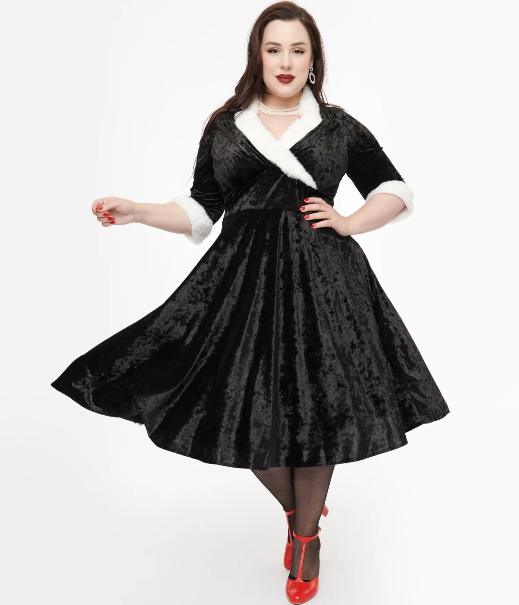 Unique Vintage Plus Size 1950s Black Crushed Velvet & White Fur Delores Swing Dress Fashion