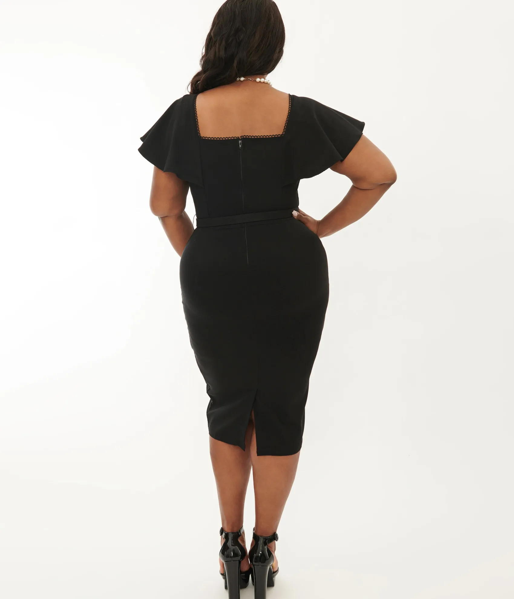 Unique Vintage Plus Size 1940s Black Flutter Sleeve Sweetheart Wiggle Dress Cheap