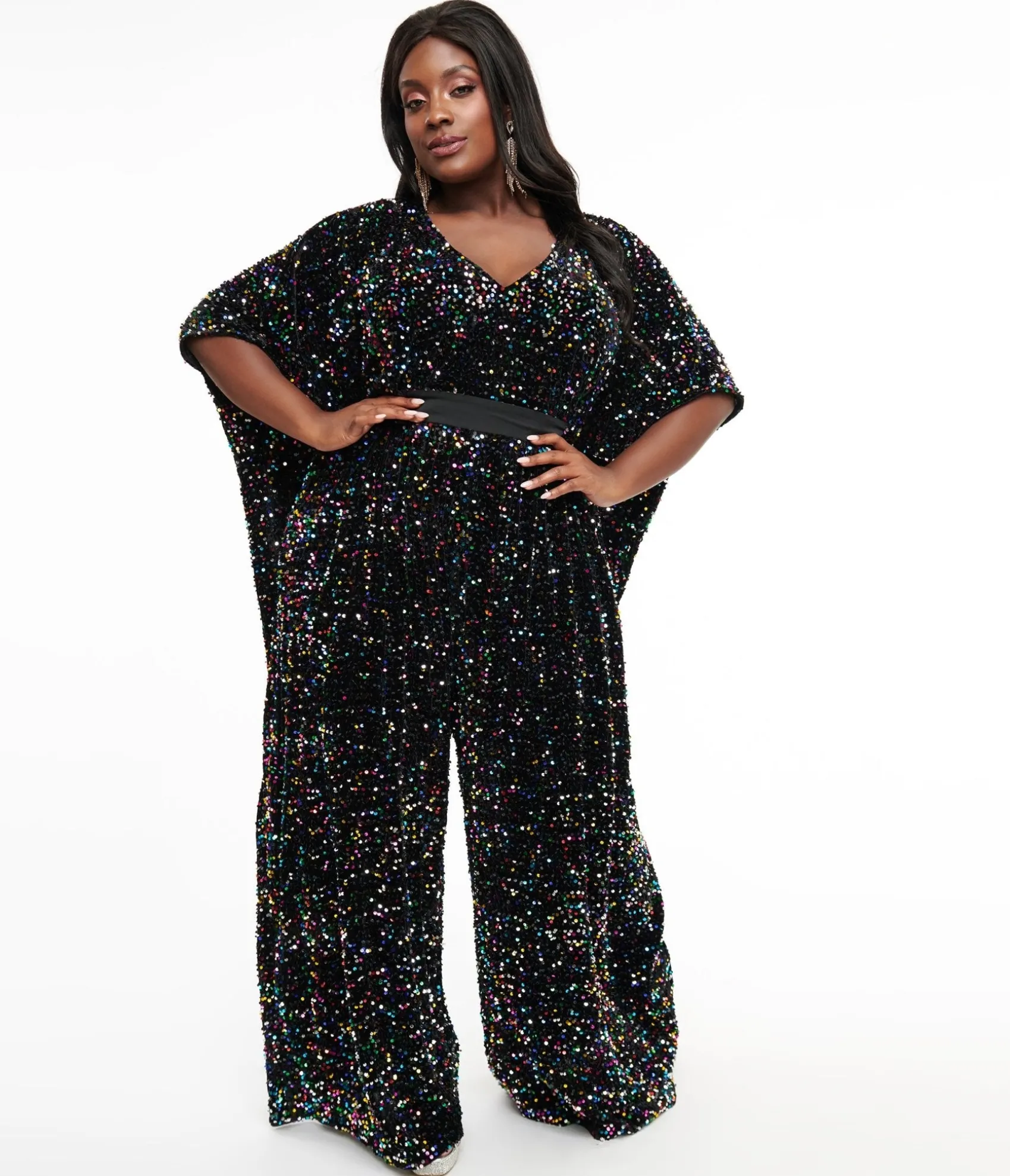 Unique Vintage Plus Size 1970s Black Iridescent Sequin Caftan Jumpsuit Clearance