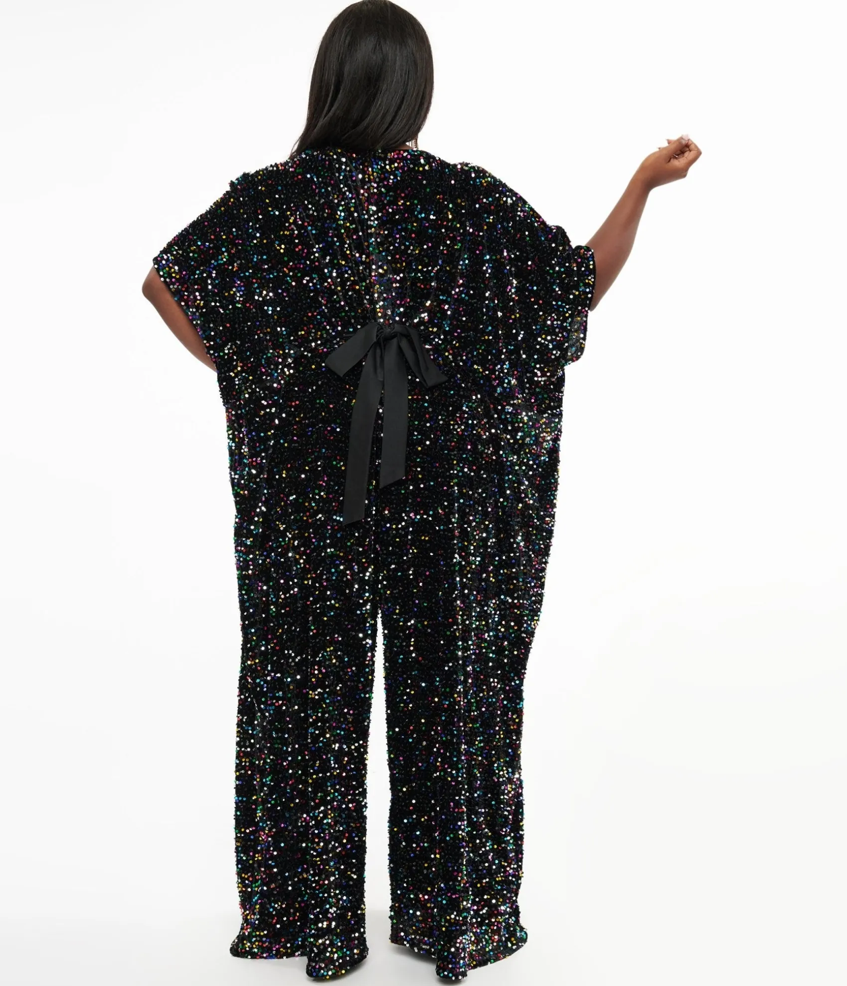 Unique Vintage Plus Size 1970s Black Iridescent Sequin Caftan Jumpsuit Clearance