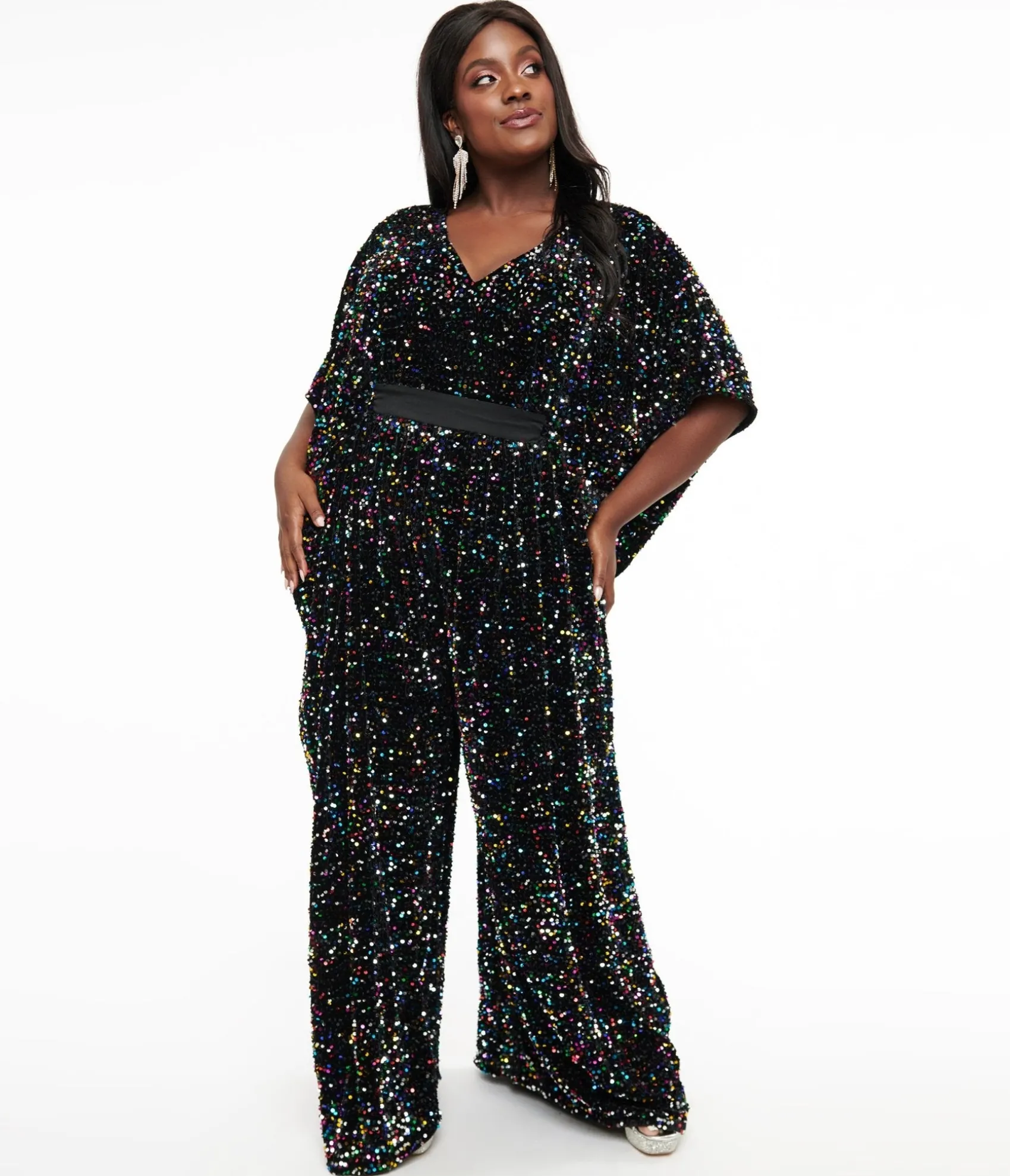 Unique Vintage Plus Size 1970s Black Iridescent Sequin Caftan Jumpsuit Clearance