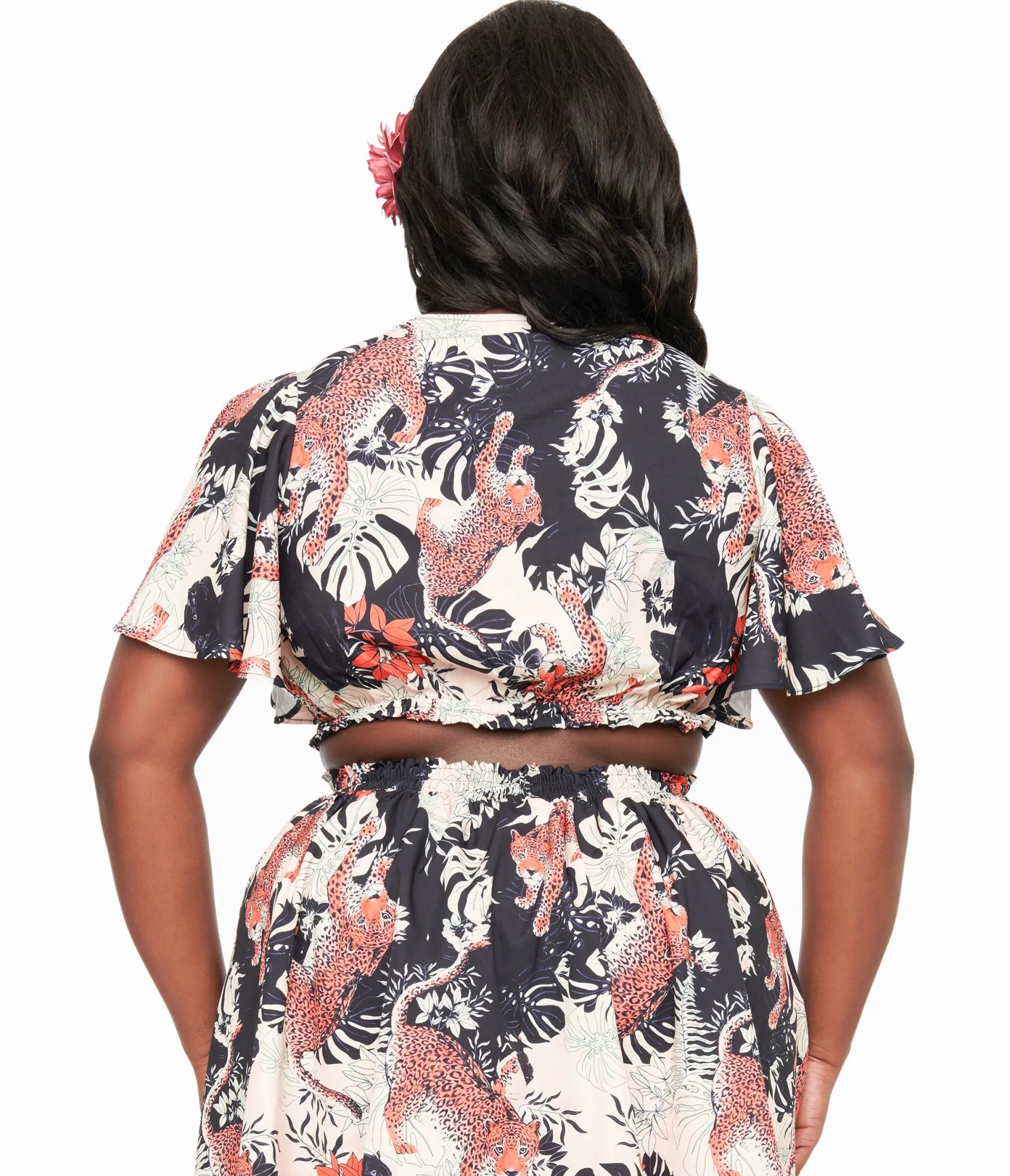 Unique Vintage Plus Size 1960s Black Jungle Cat Print Dottie Crop Top Clearance