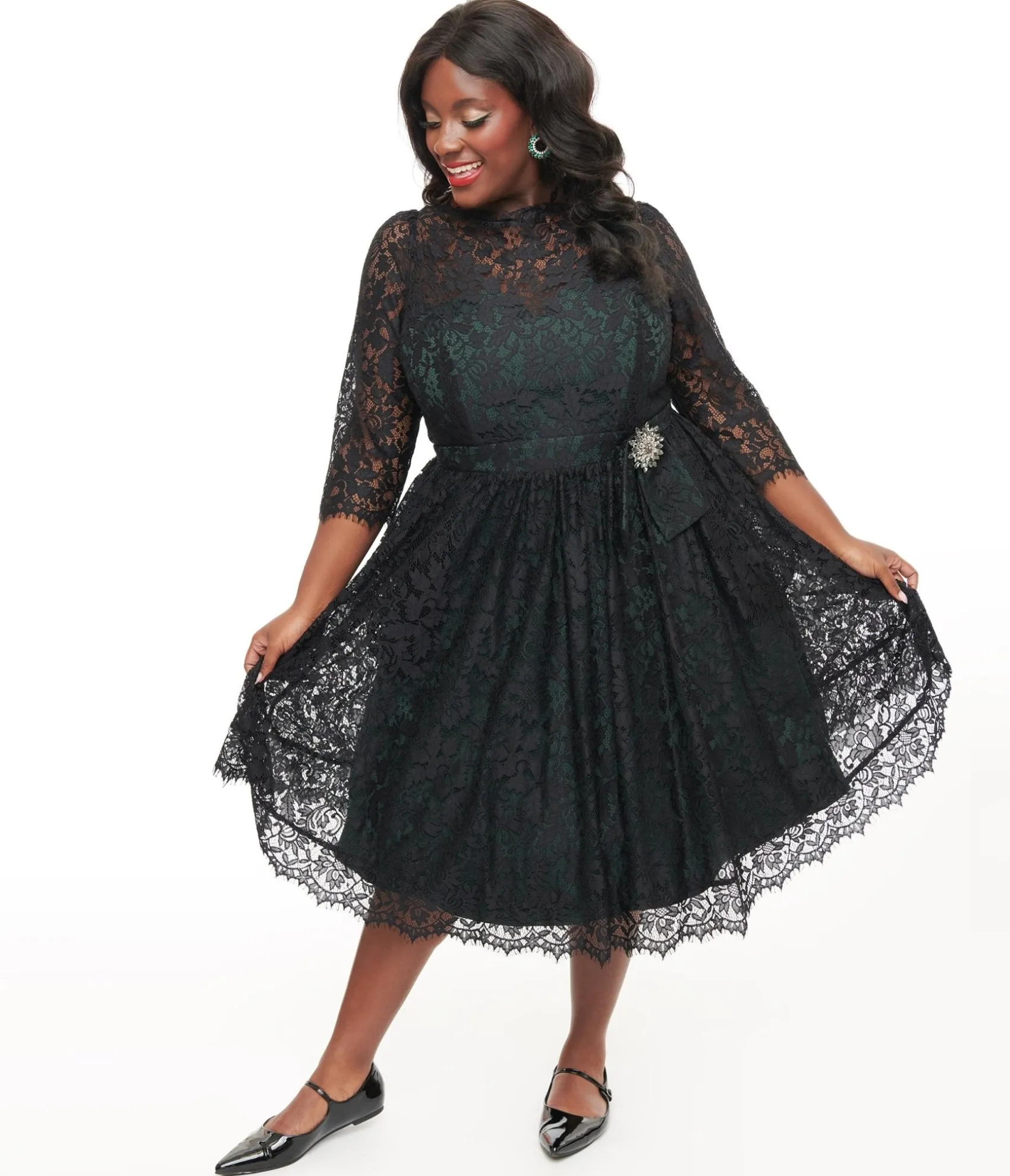 Unique Vintage Plus Size 1940s Black Lace Swing Dress Best Sale