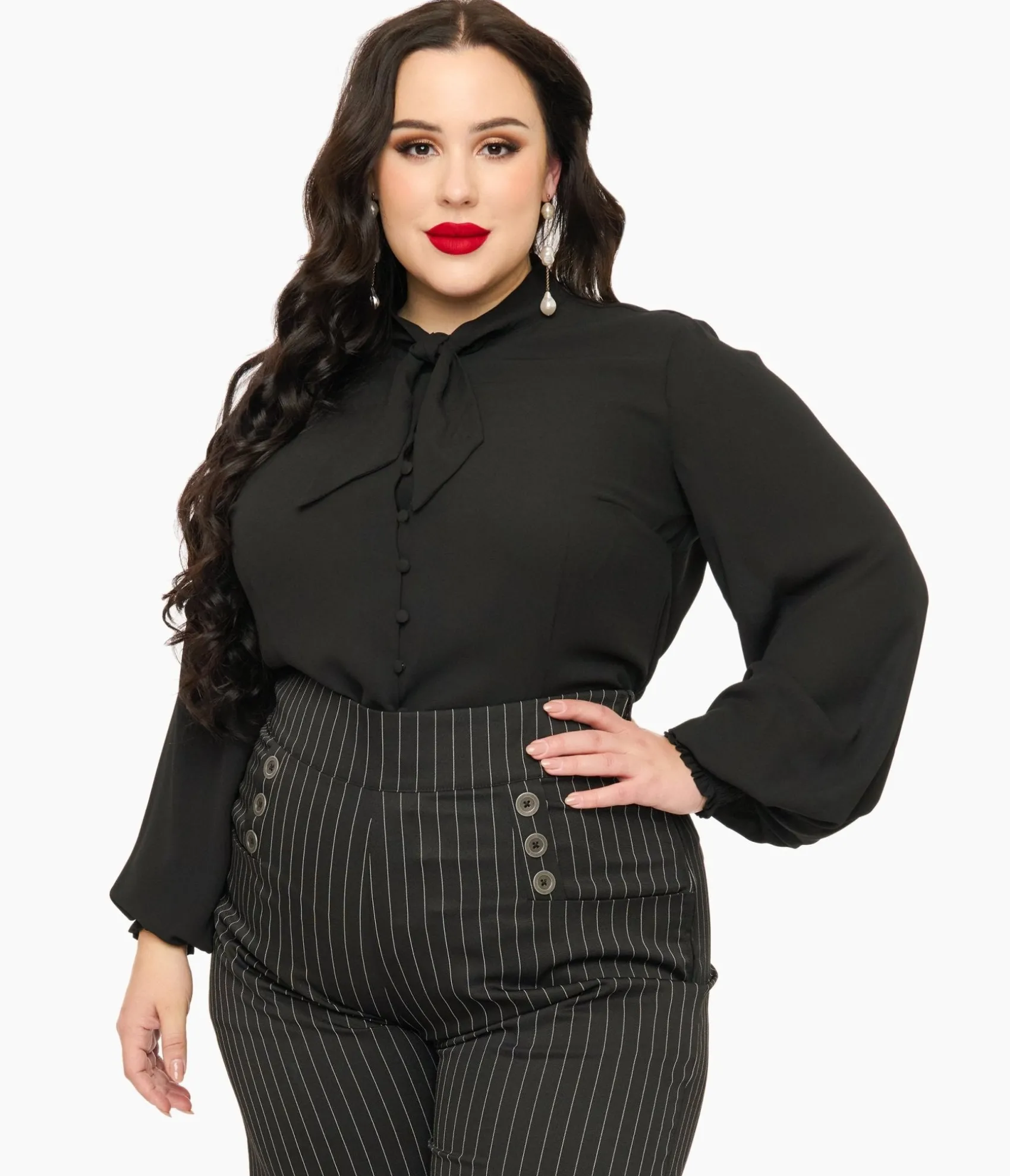 Unique Vintage Plus Size 1940s Black Neck Tie Blouse Online