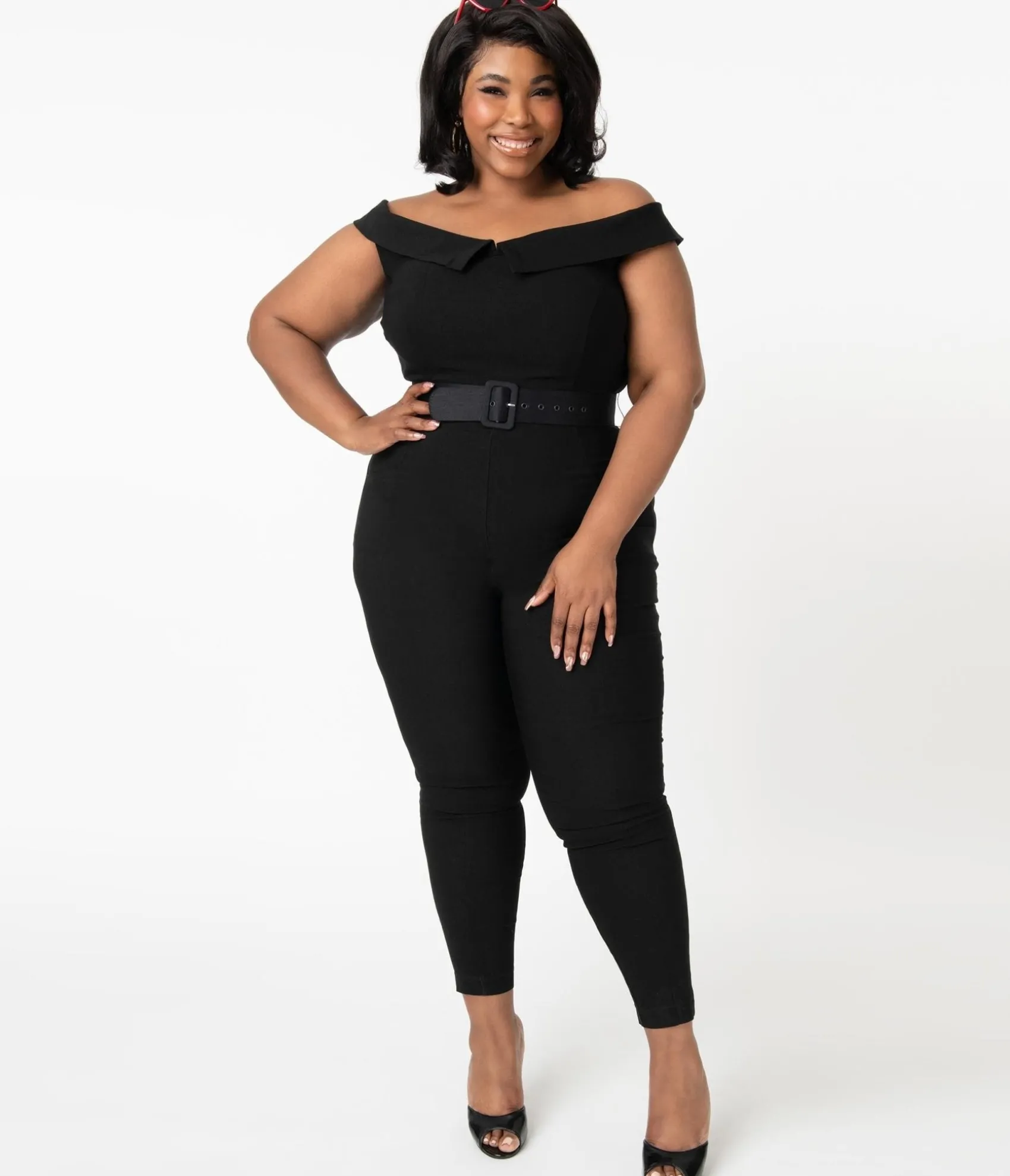 Unique Vintage Plus Size 1950s Black Off Shoulder Gillian Jumpsuit Flash Sale