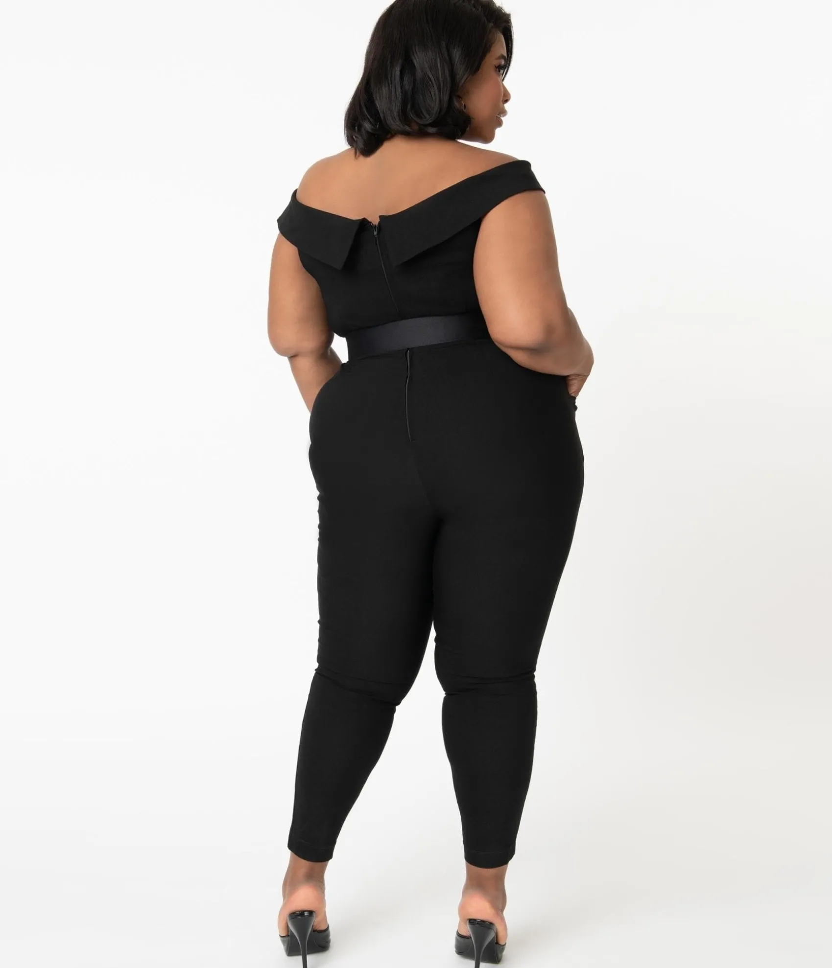 Unique Vintage Plus Size 1950s Black Off Shoulder Gillian Jumpsuit Flash Sale