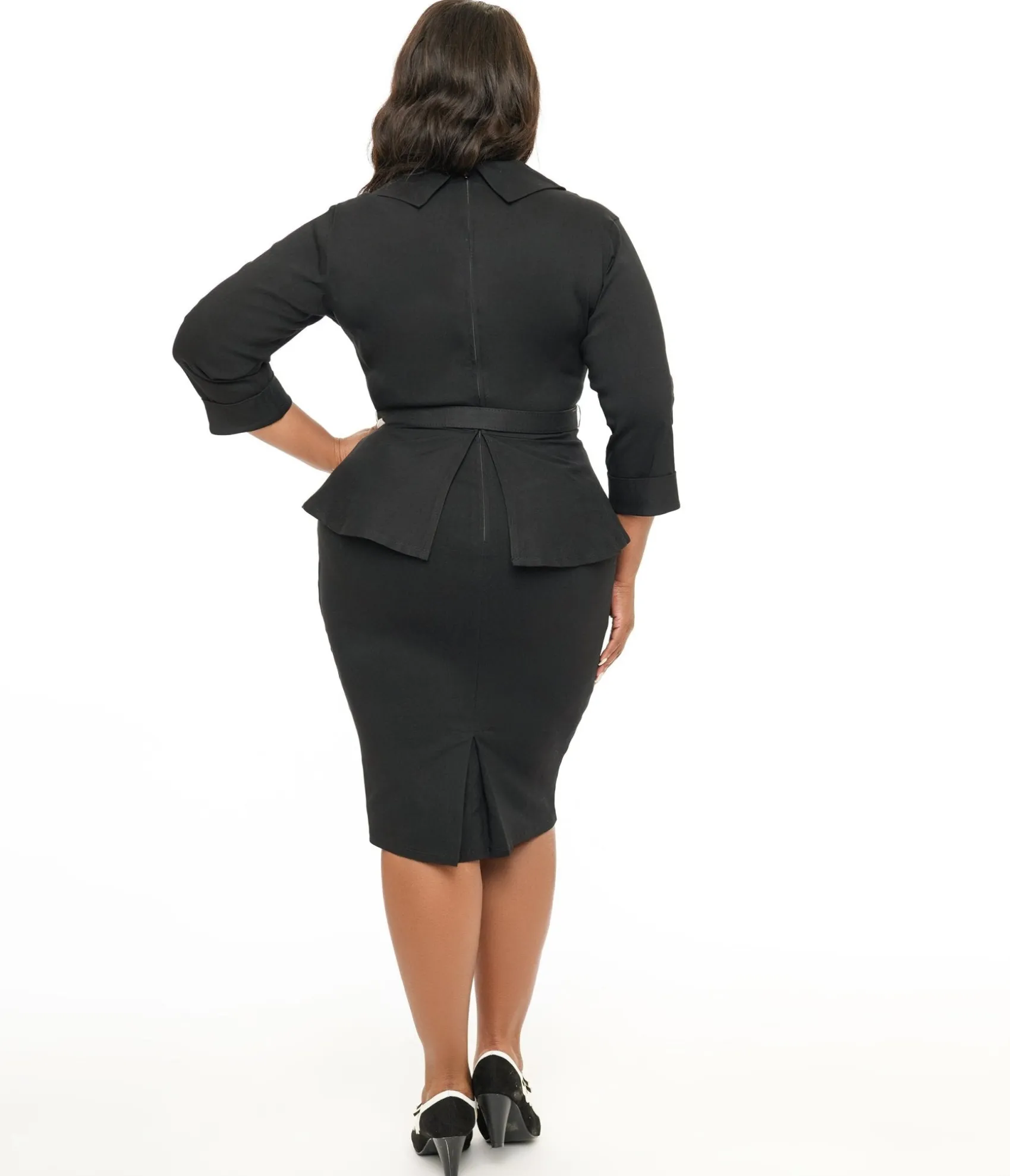 Unique Vintage Plus Size 1940s Black Peplum Cooper Suit Pencil Dress Store