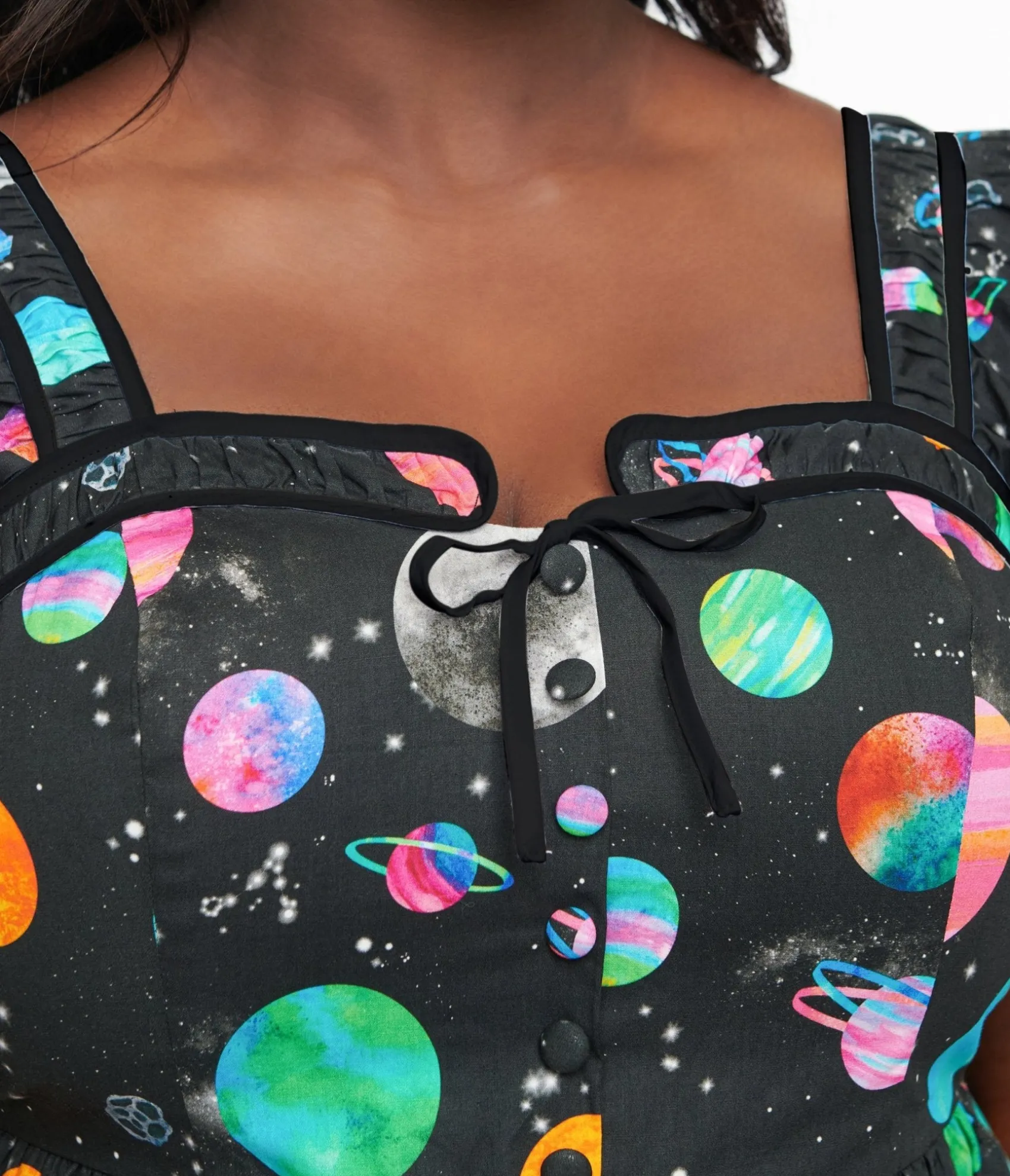 Unique Vintage Plus Size 1940s Black Planet Print Button Front Dress Store
