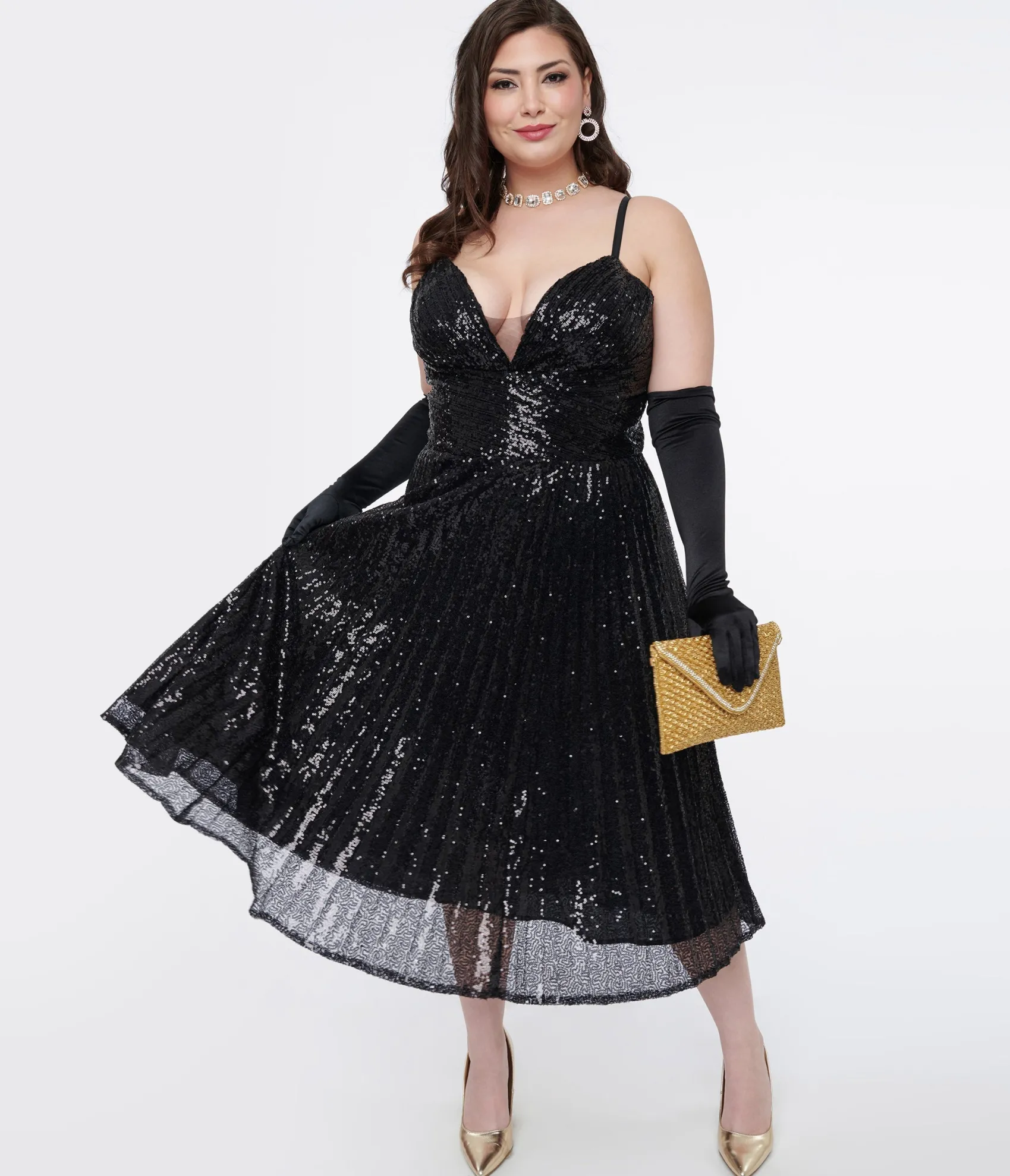 Unique Vintage Plus Size 1950s Black Pleated Sequin Swing Dress Store