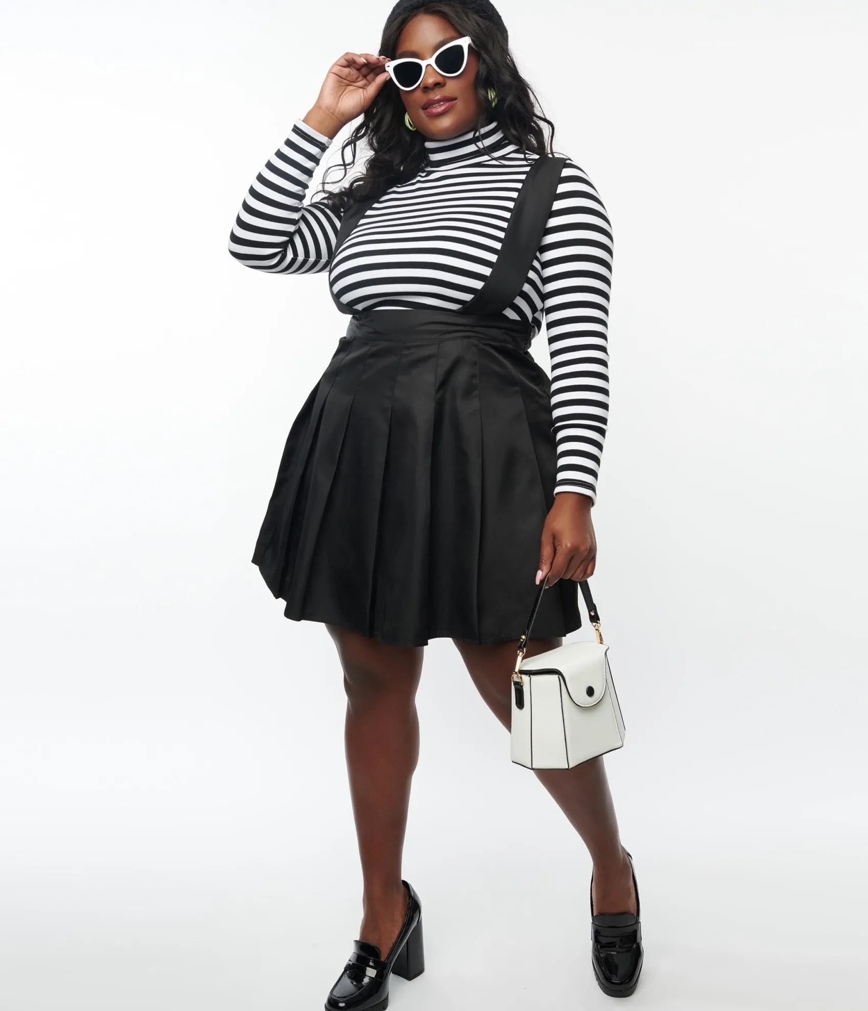 Unique Vintage Plus Size 1950s Black Pleated Suspender Mini Skirt Discount