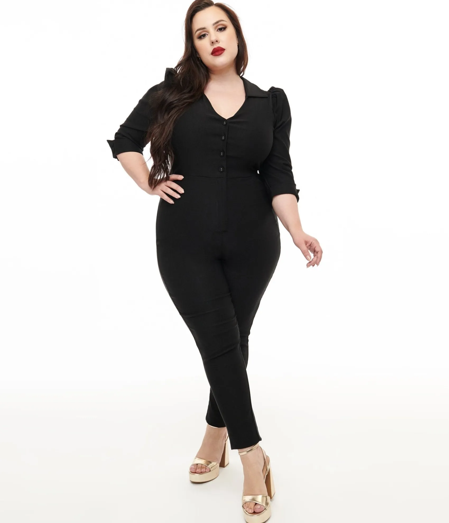 Unique Vintage Plus Size 1950s Black Puff Sleeve Jumpsuit Hot