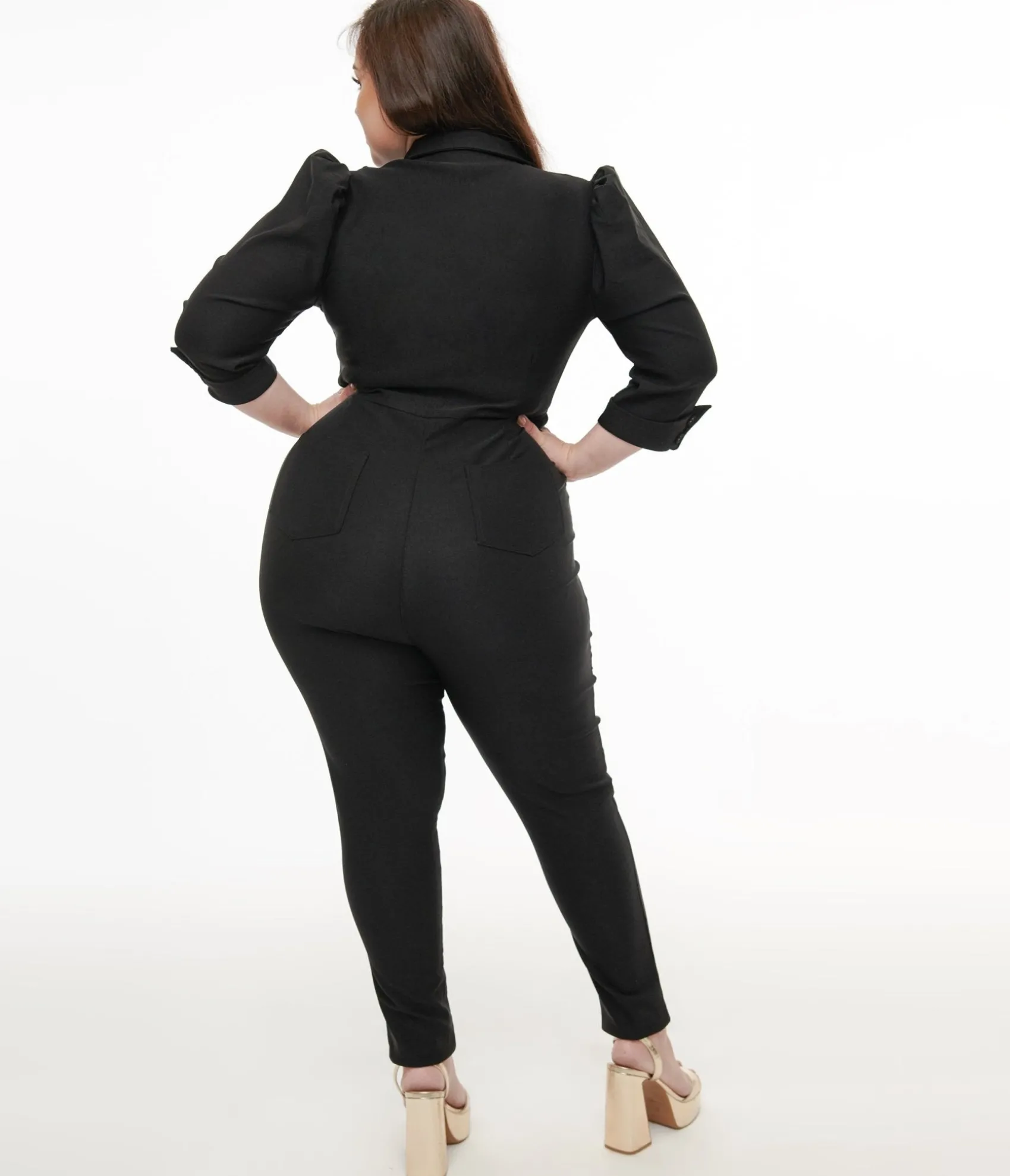 Unique Vintage Plus Size 1950s Black Puff Sleeve Jumpsuit Hot