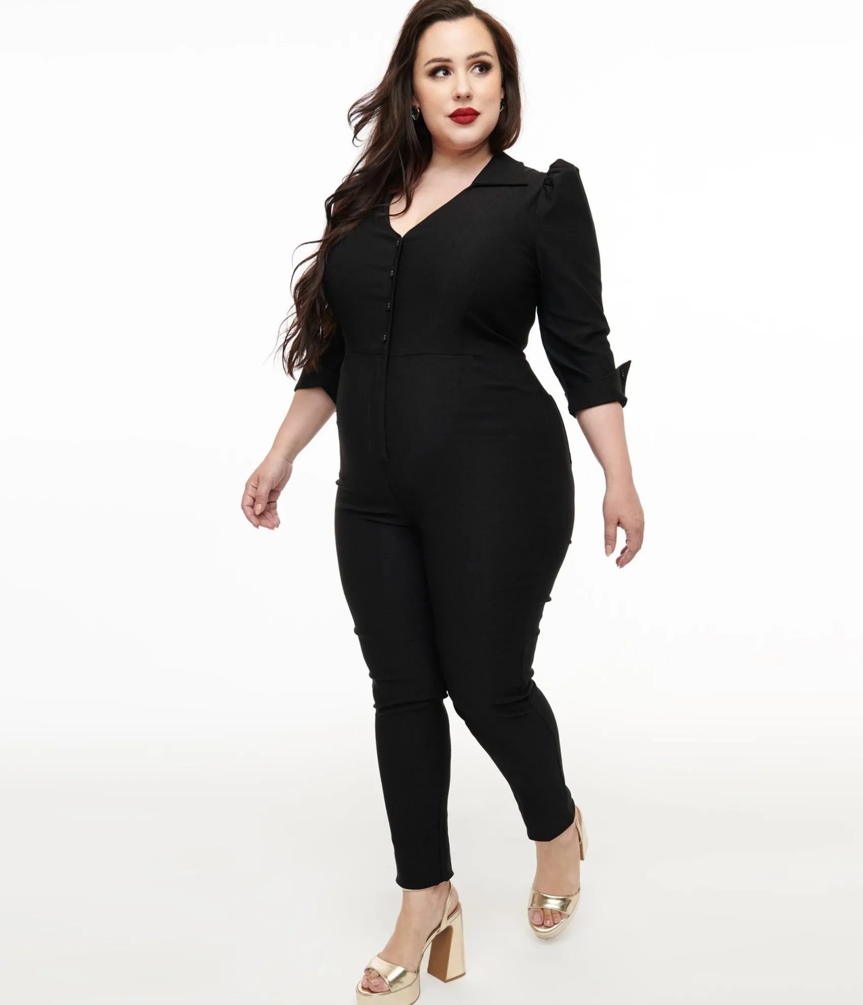 Unique Vintage Plus Size 1950s Black Puff Sleeve Jumpsuit Hot