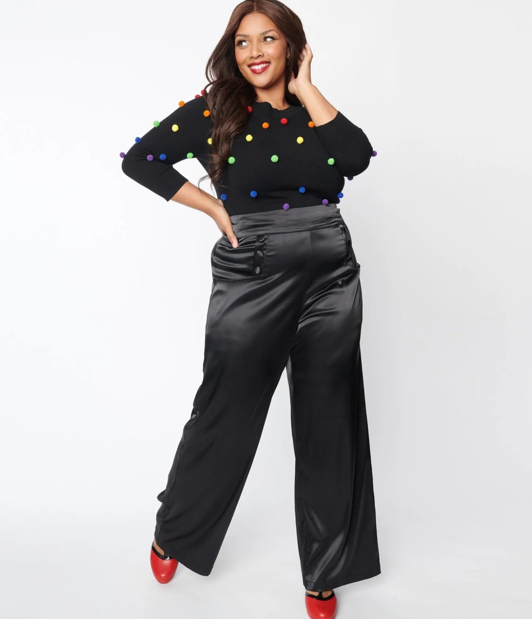 Unique Vintage Plus Size 1940s Black Satin High Waist Ginger Pants Outlet