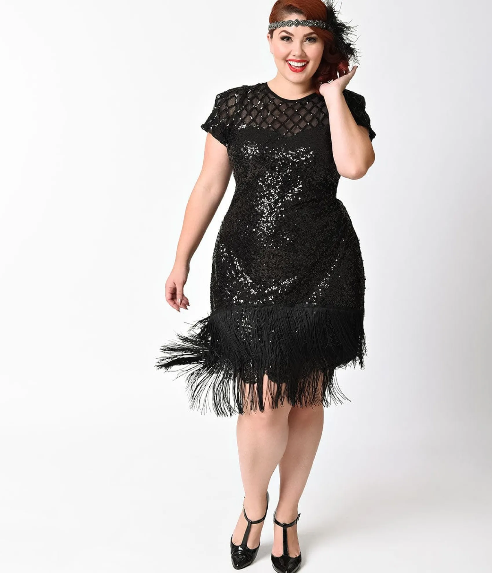 Unique Vintage Plus Size 1920s Black Sequin Fringe Del Mar Flapper Dress Discount