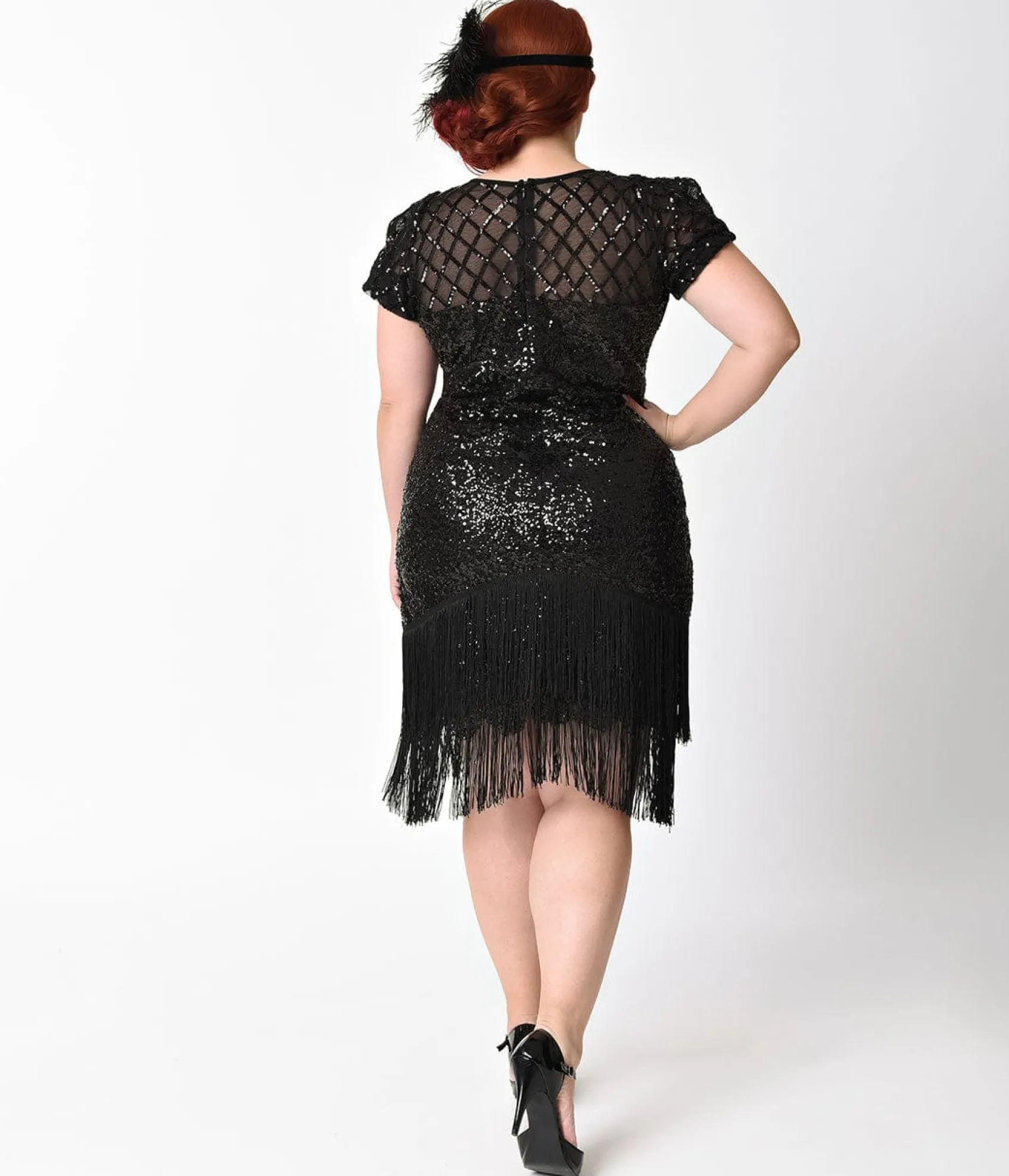 Unique Vintage Plus Size 1920s Black Sequin Fringe Del Mar Flapper Dress Discount