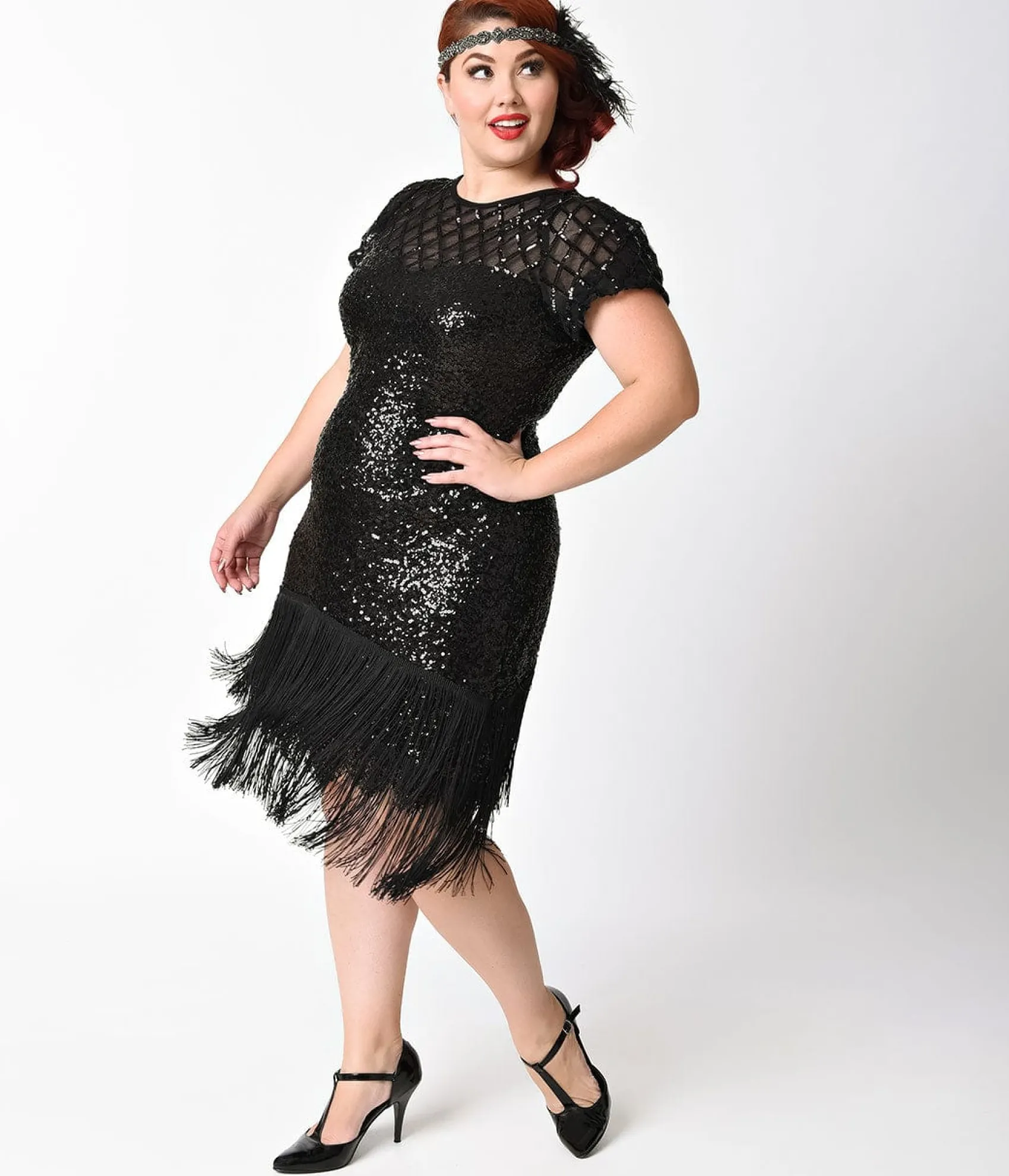 Unique Vintage Plus Size 1920s Black Sequin Fringe Del Mar Flapper Dress Discount