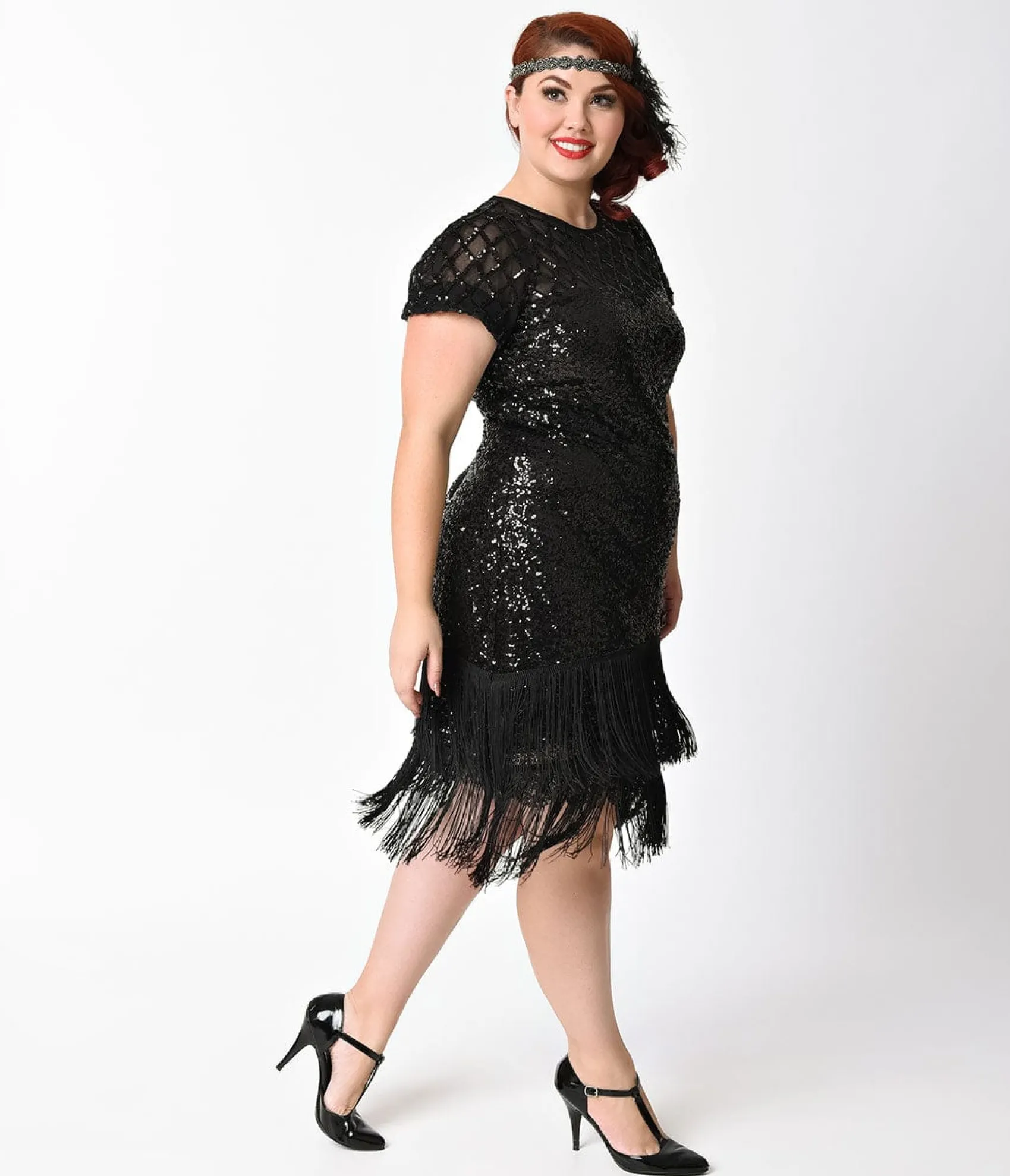 Unique Vintage Plus Size 1920s Black Sequin Fringe Del Mar Flapper Dress Discount