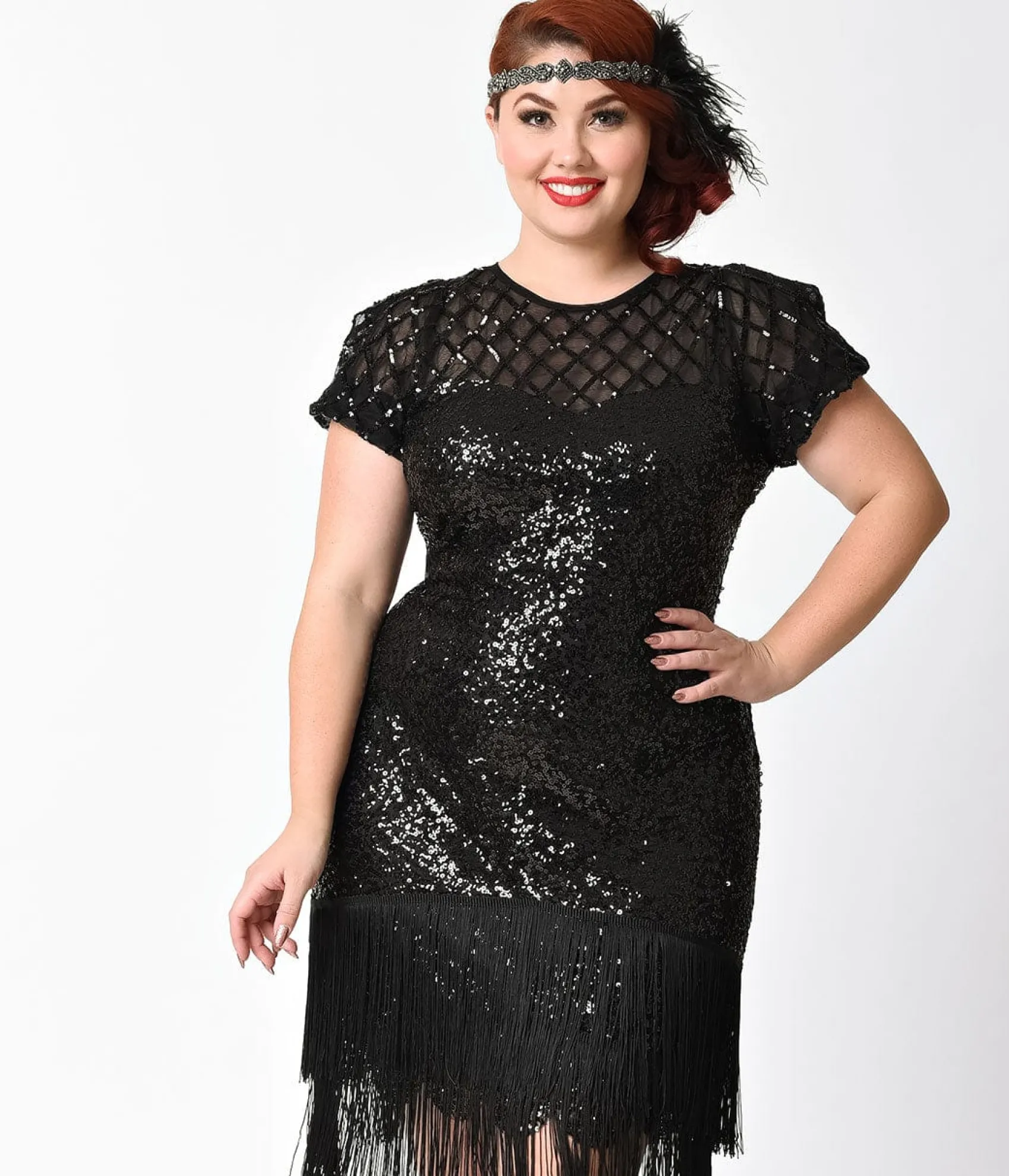 Unique Vintage Plus Size 1920s Black Sequin Fringe Del Mar Flapper Dress Discount