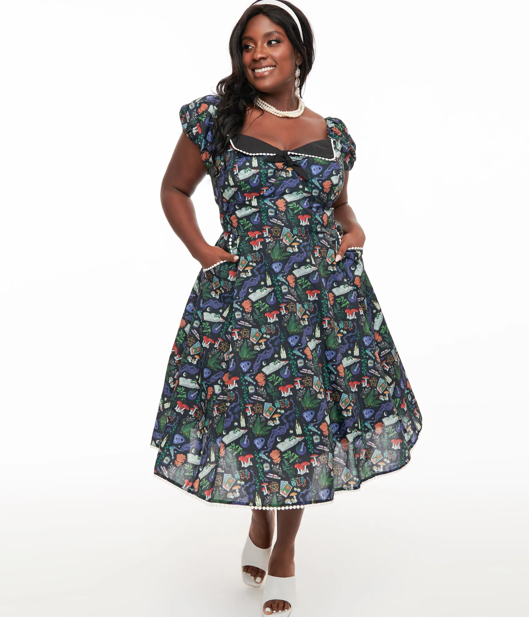 Unique Vintage Plus Size 1950s Black Spellbinding Print Swing Dress Discount