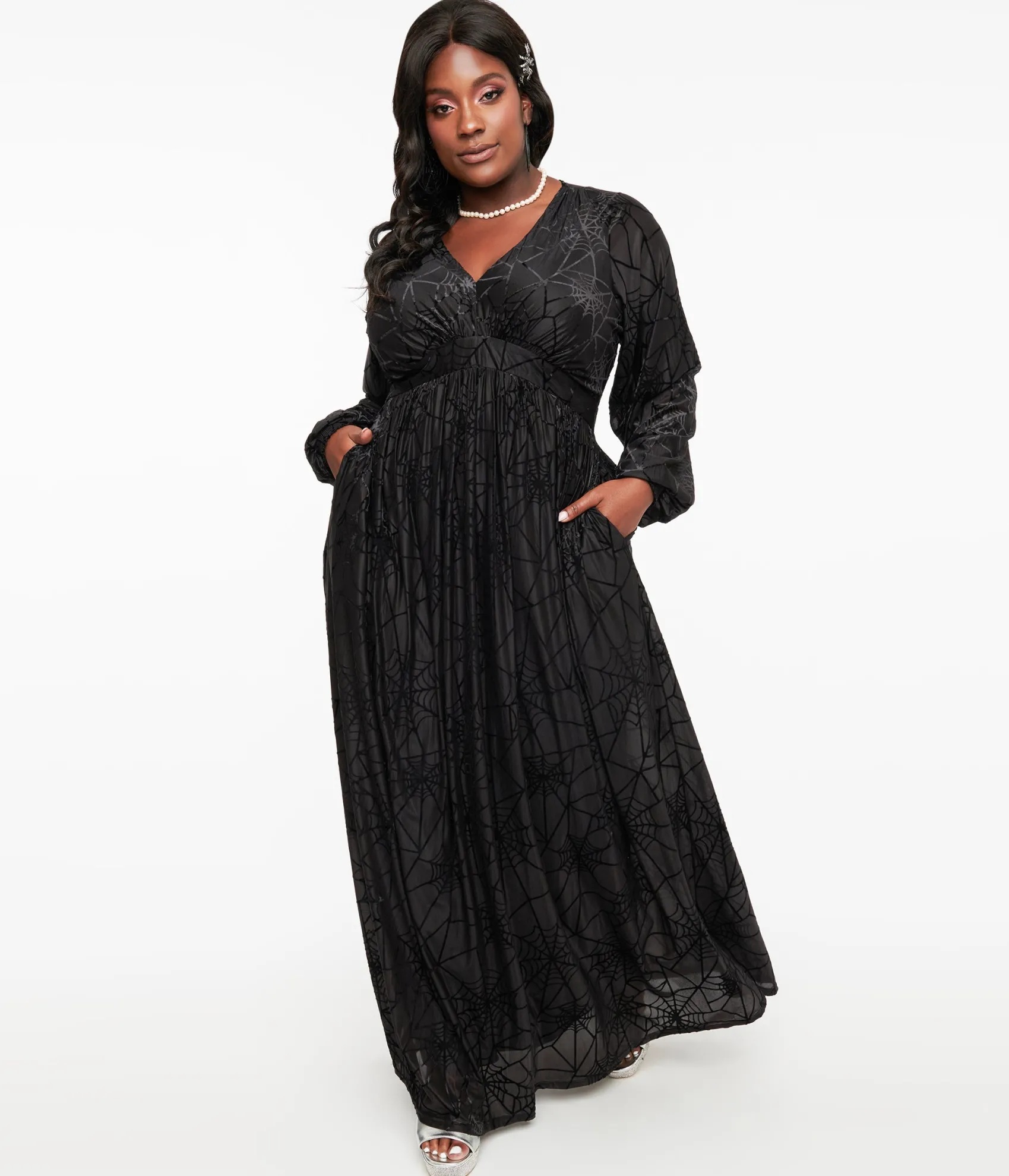 Unique Vintage Plus Size 1970s Black Spiderweb Maxi Dress Shop