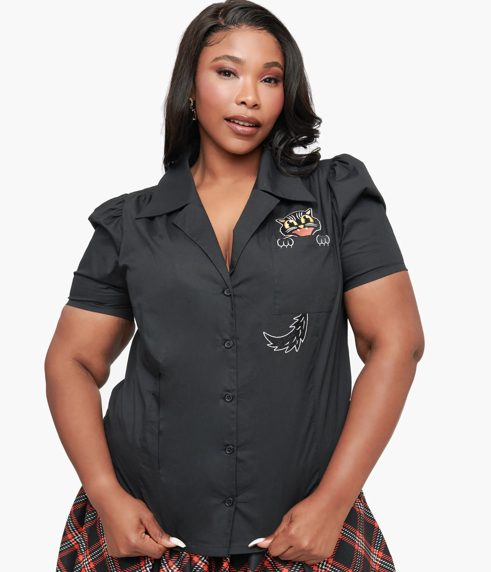 Unique Vintage Plus Size 1940s Black Spooky Cat Cotton Blouse Best Sale