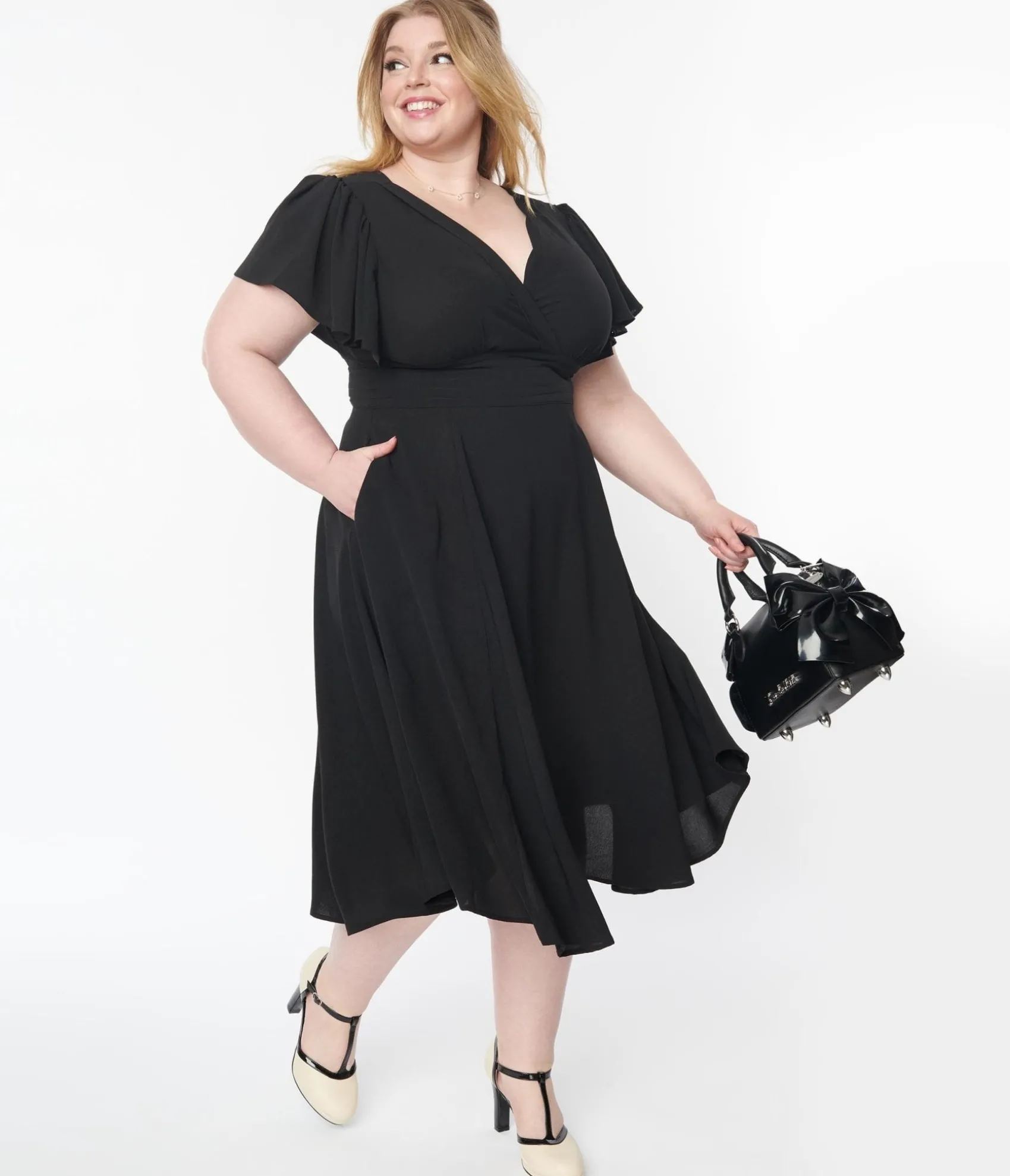 Unique Vintage Plus Size 1940s Black Texture Swing Dress Clearance