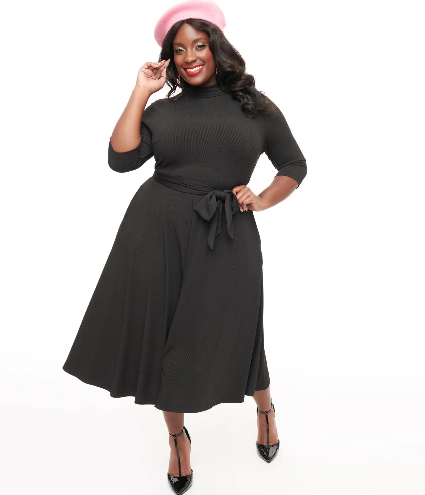 Unique Vintage Plus Size 1950s Black Turtleneck Midi Dress Best Sale