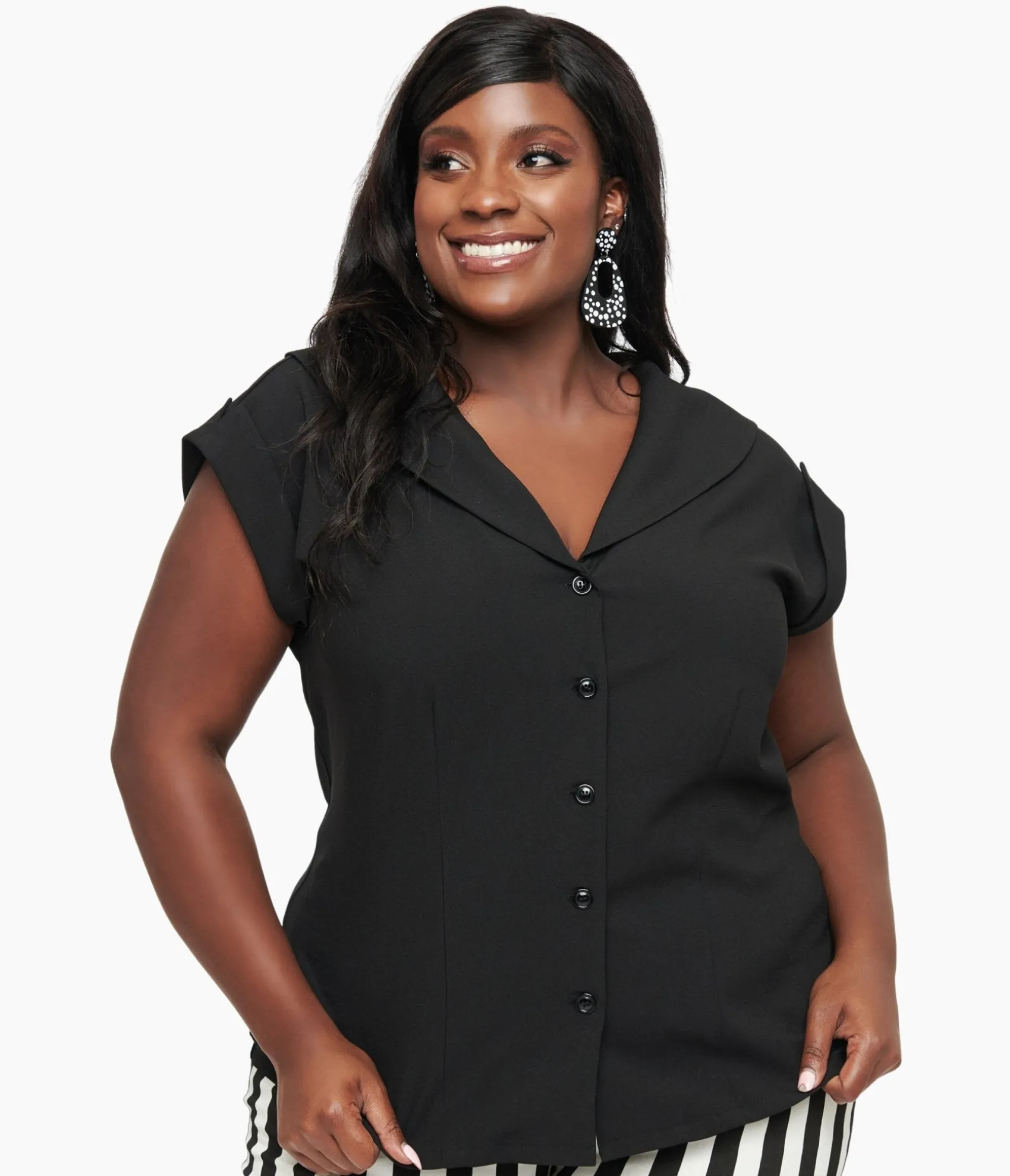Unique Vintage Plus Size 1960s Black Twill Sleeveless Blouse Hot