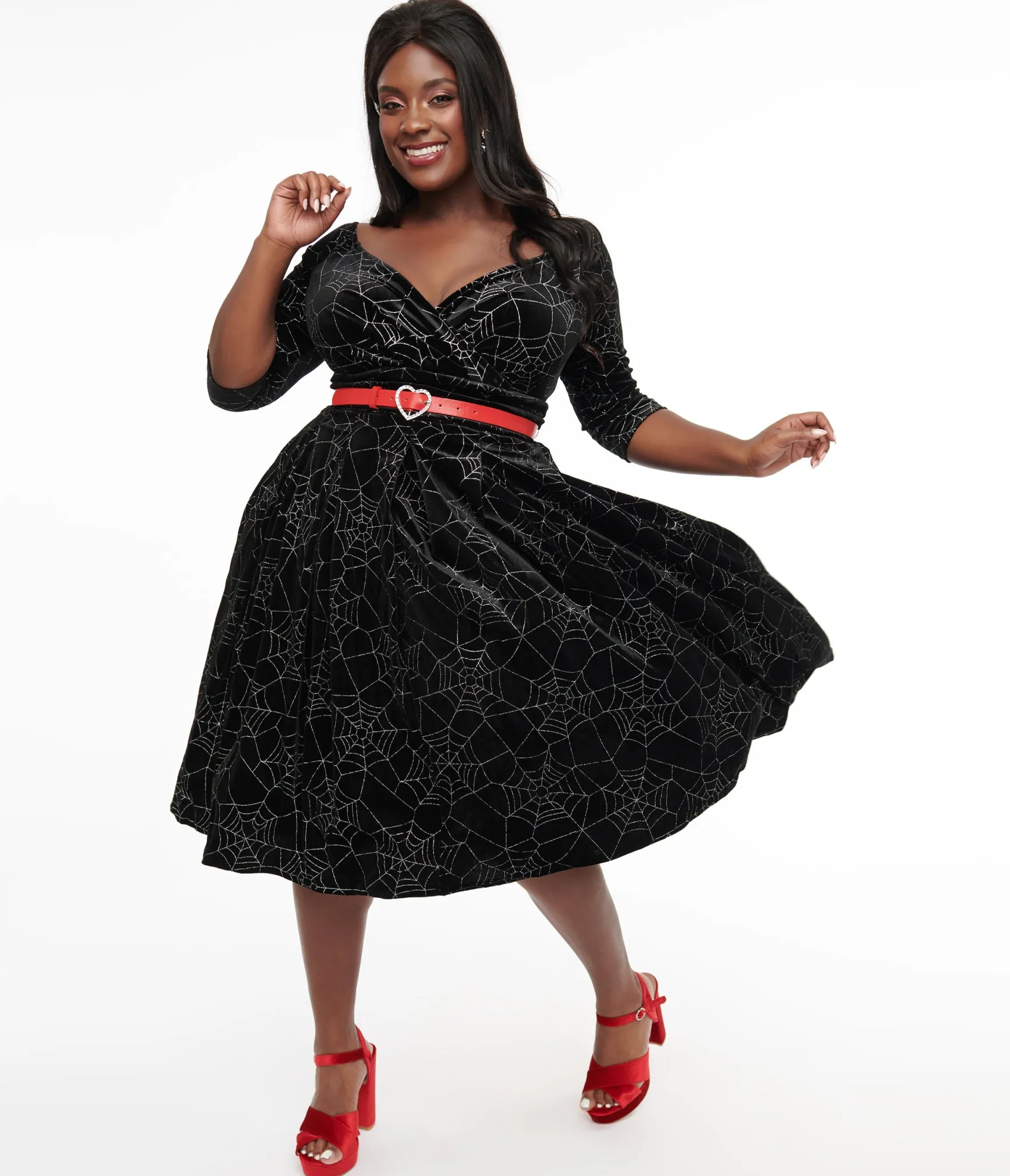 Unique Vintage Plus Size 1950s Black Velvet & Silver Spiderweb Marceline Swing Dress Sale