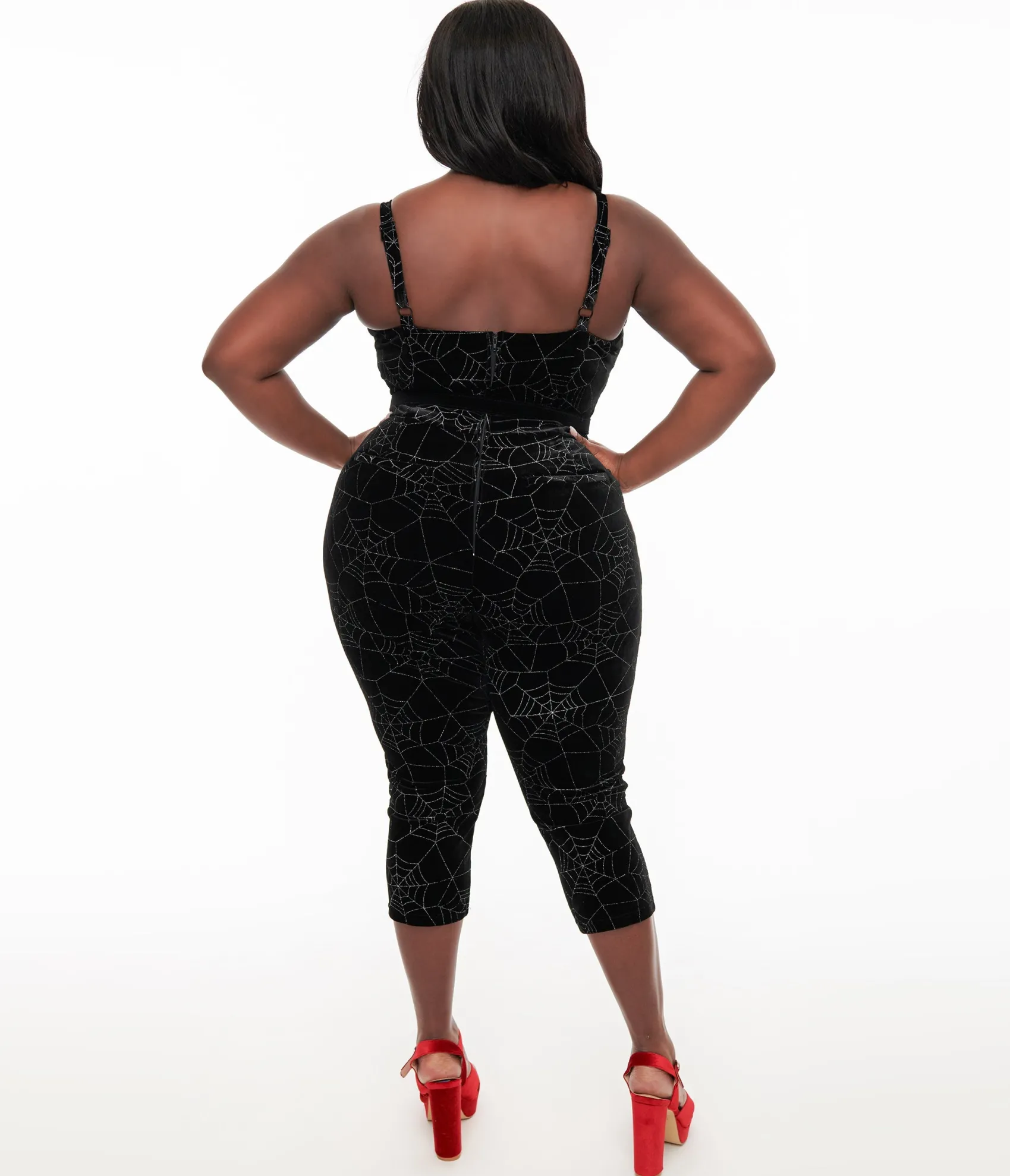 Unique Vintage Plus Size 1950s Black Velvet & Silver Web Cropped Jumpsuit Discount