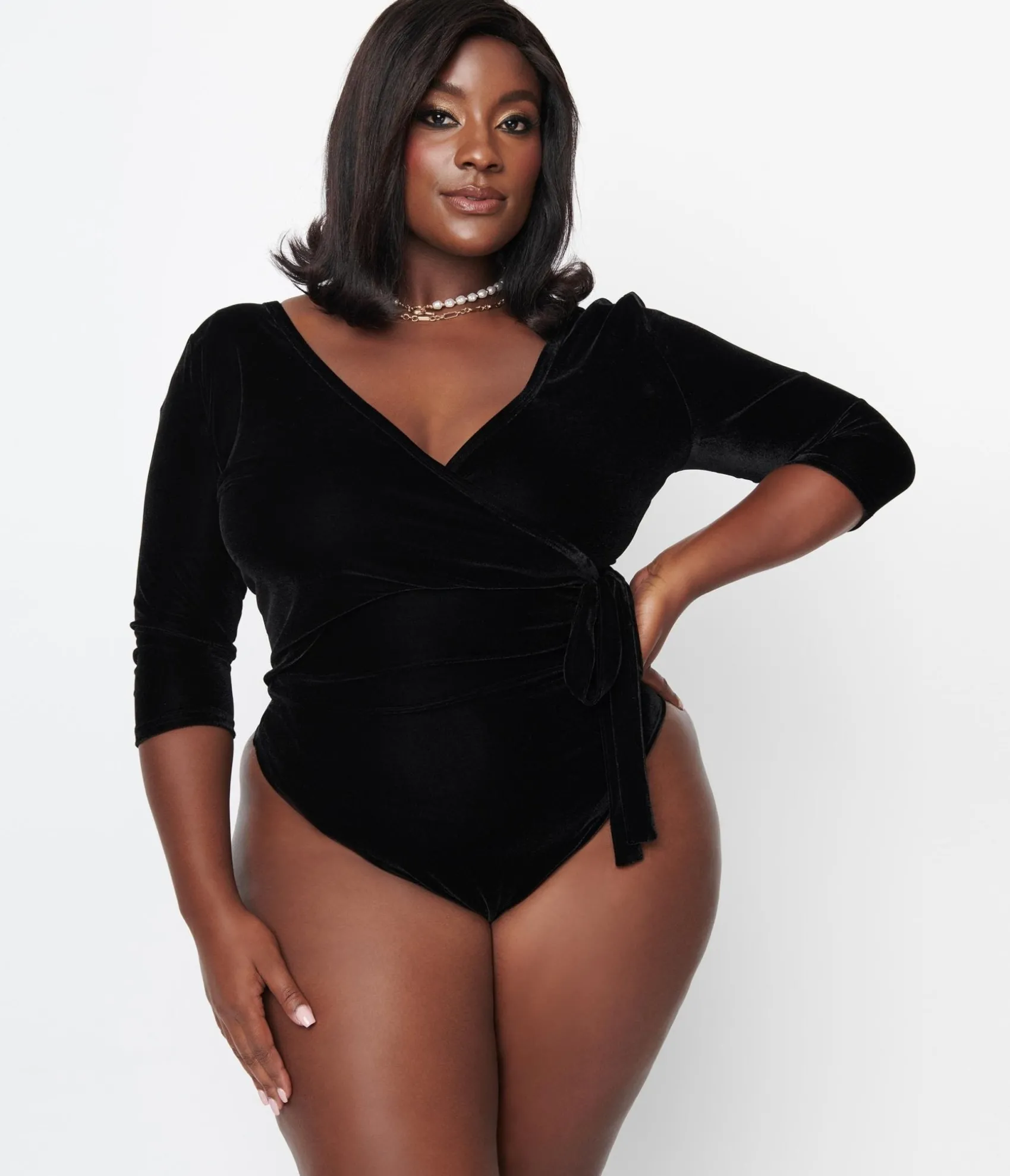 Unique Vintage Plus Size 1970s Black Velvet Surplice Bodysuit Flash Sale